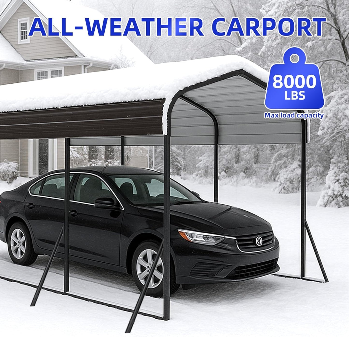 12x24 Metal Carport with Base Fixings Heavy Duty Garage Outdoor Chrome Plated Frame and Sheet Metal Construction Suitable for Boats, Cars, Tractors and Agricultural Equipment, Dark Gray