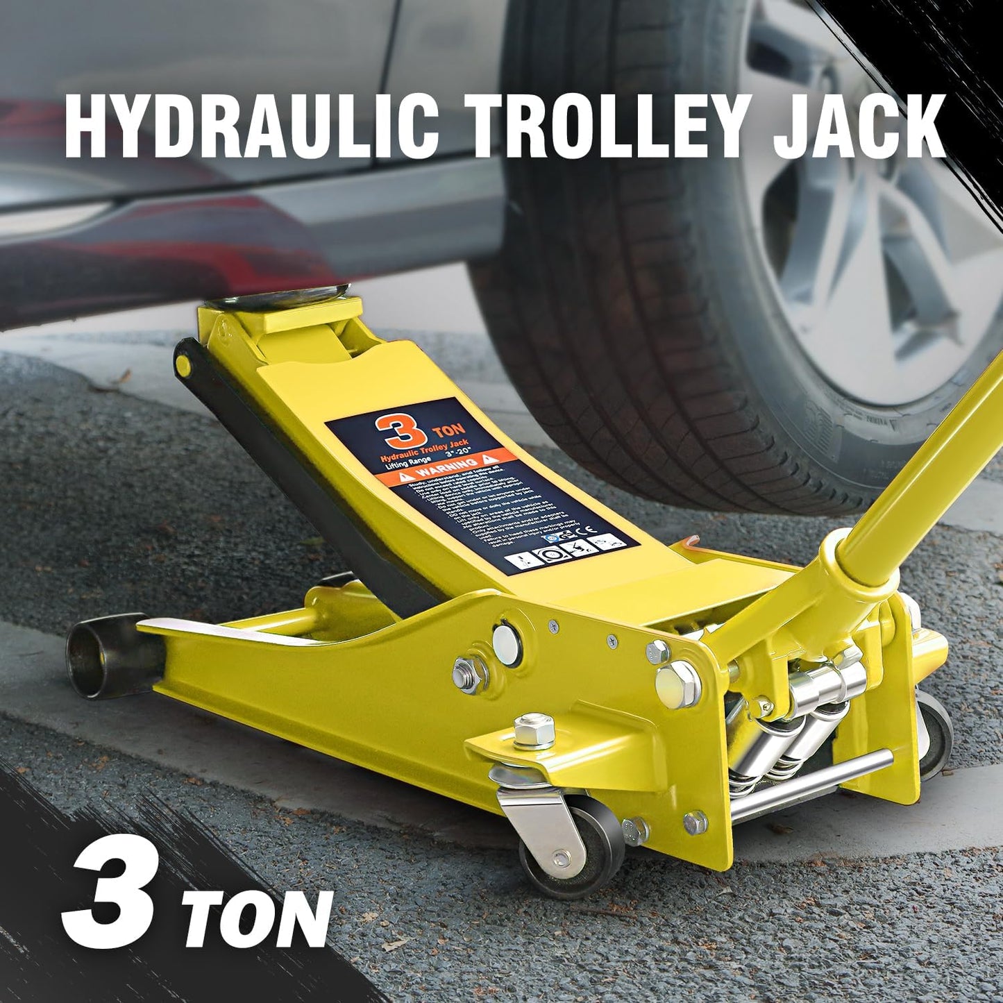 DNA MOTORING Low Profile Hydraulic Trolley Service/Floor Jack, 3 Ton (6000 lbs) Capacity Heavy Duty Hydraulic Car Jack, Lifting Range 3"-20", Yellow, TOOLS-00475-YL
