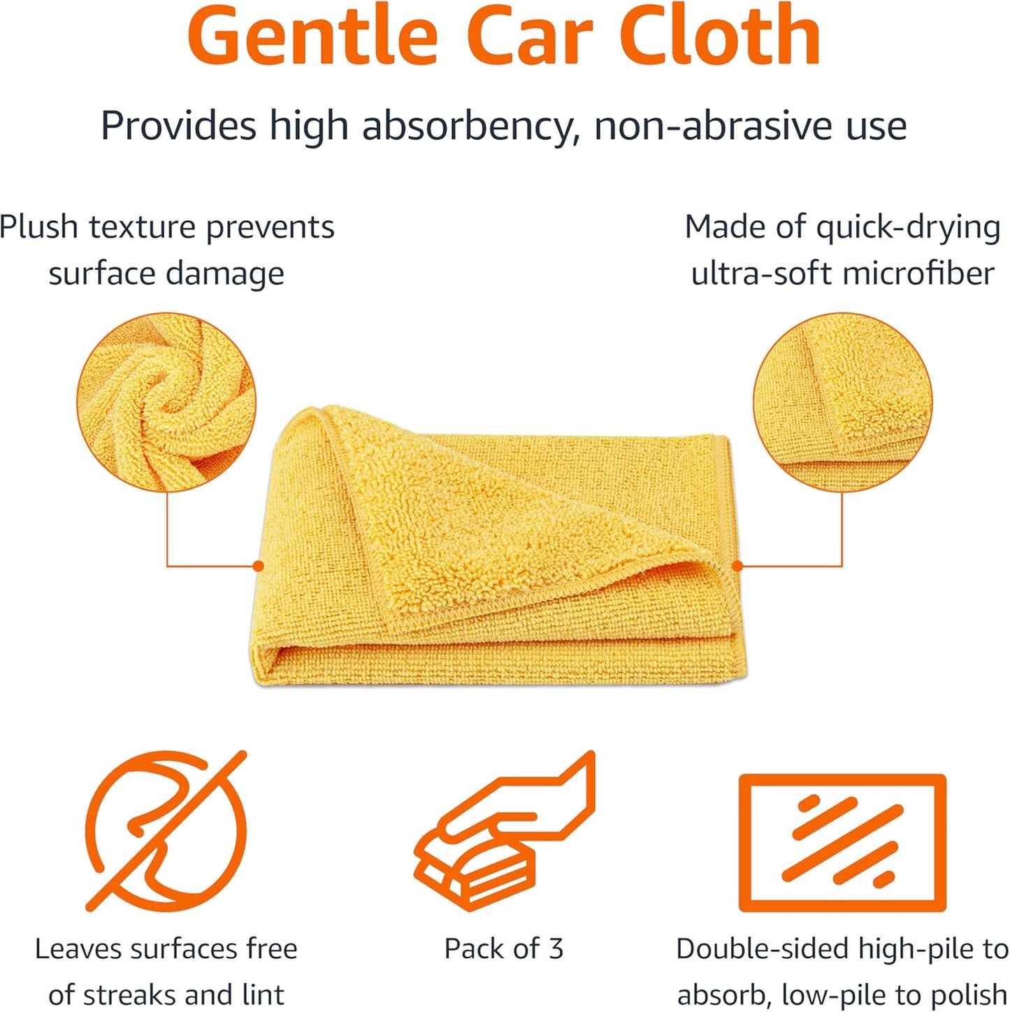 Amazon Basics Microfiber Car Drying Towels (3-Pack), Lint Free, Scratch Free, Highly Absorbent Drying Towel for Cars, 16" x 16", Yellow