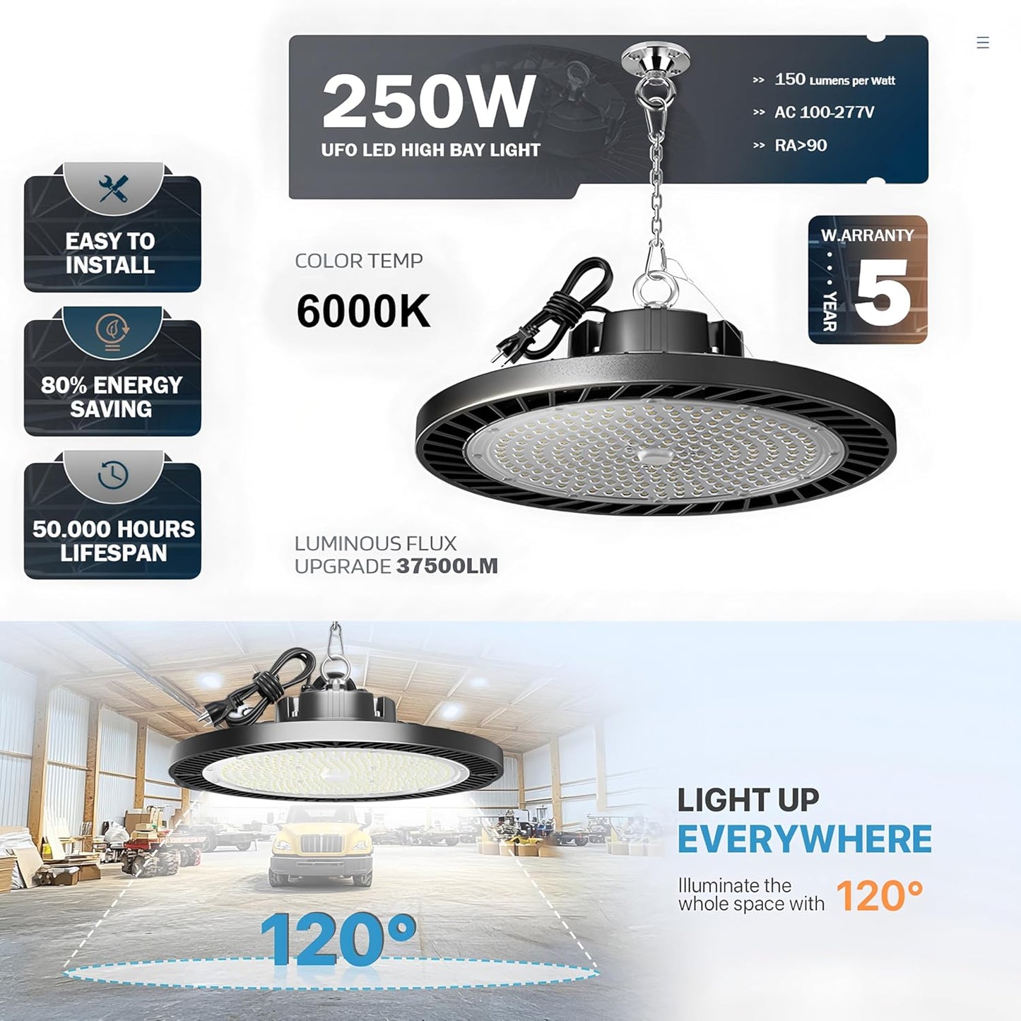 250W UFO LED High Bay Light,30000lm 6000K Daylight 2500W Equivalent with US Plug Cable LED Garage Lights Commercial Warehouse Area Light Workshop Garage Factory Lowbay Area Lighting