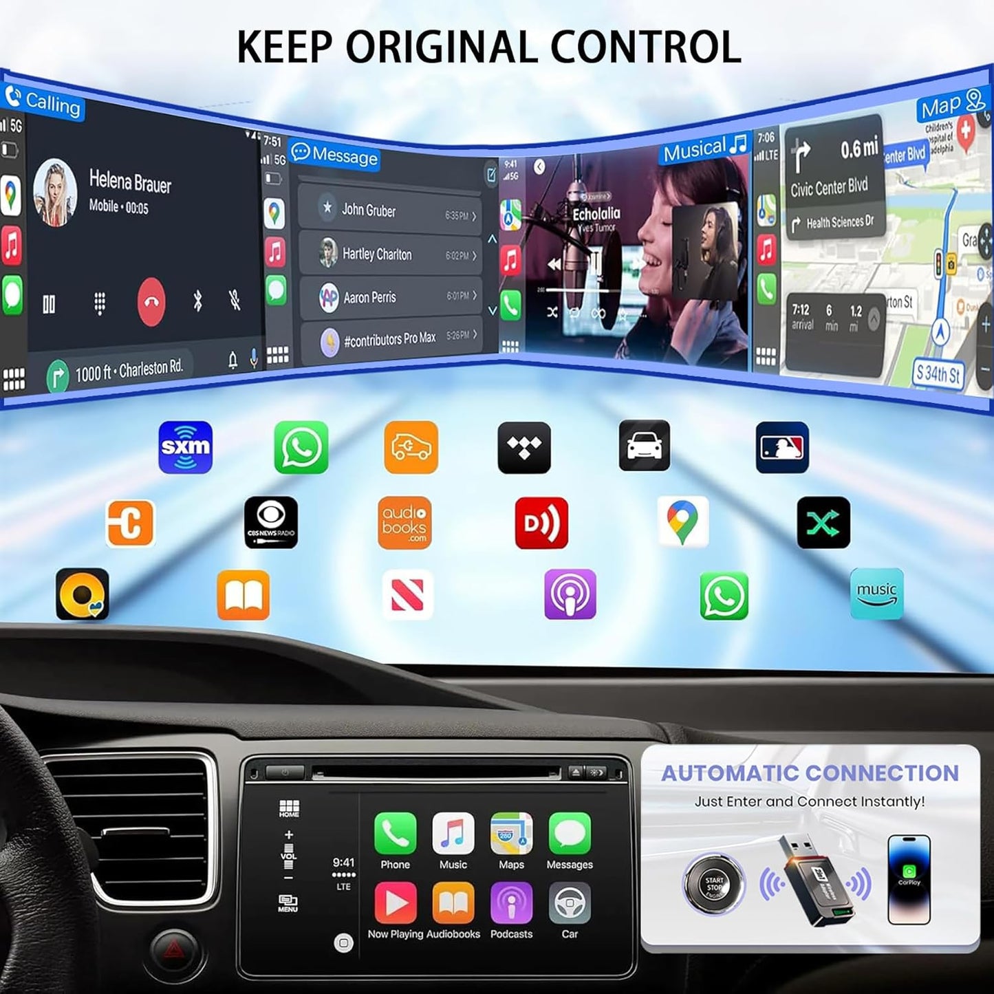 2-in-1 Wireless CarPlay Adapter for iPhone& Android, Convert Wired to Wireless Apple CarPlay Adapter, Mini Size with Extension Cable USB & USB-A/Type-C, Stable Control & No Delay