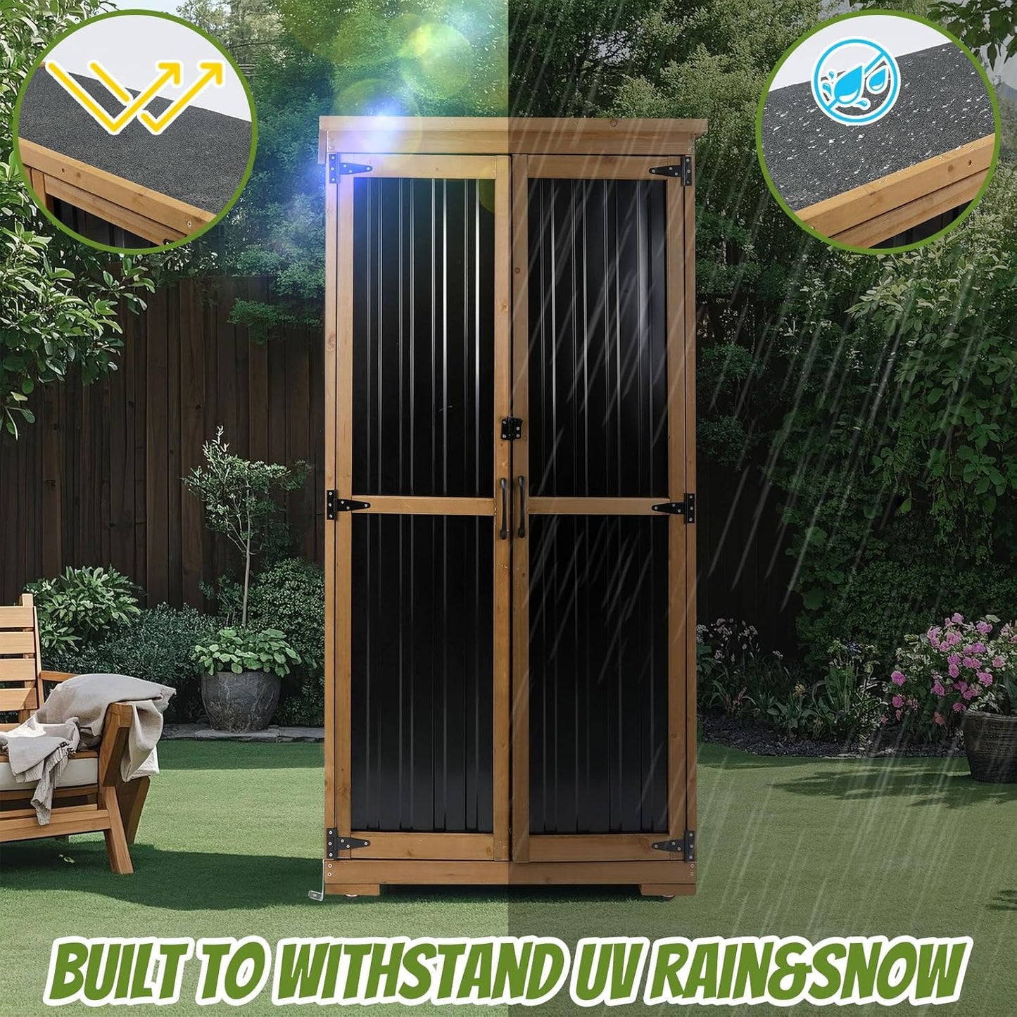 Outdoor Storage Cabinet Weatherproof,Wood & Metal Storage Shed with Adjustable Shelves & Lockable Doors,Vertical Outdoor Cabinets for Backyard Patio, Gardening Tools and Accessories,Brown