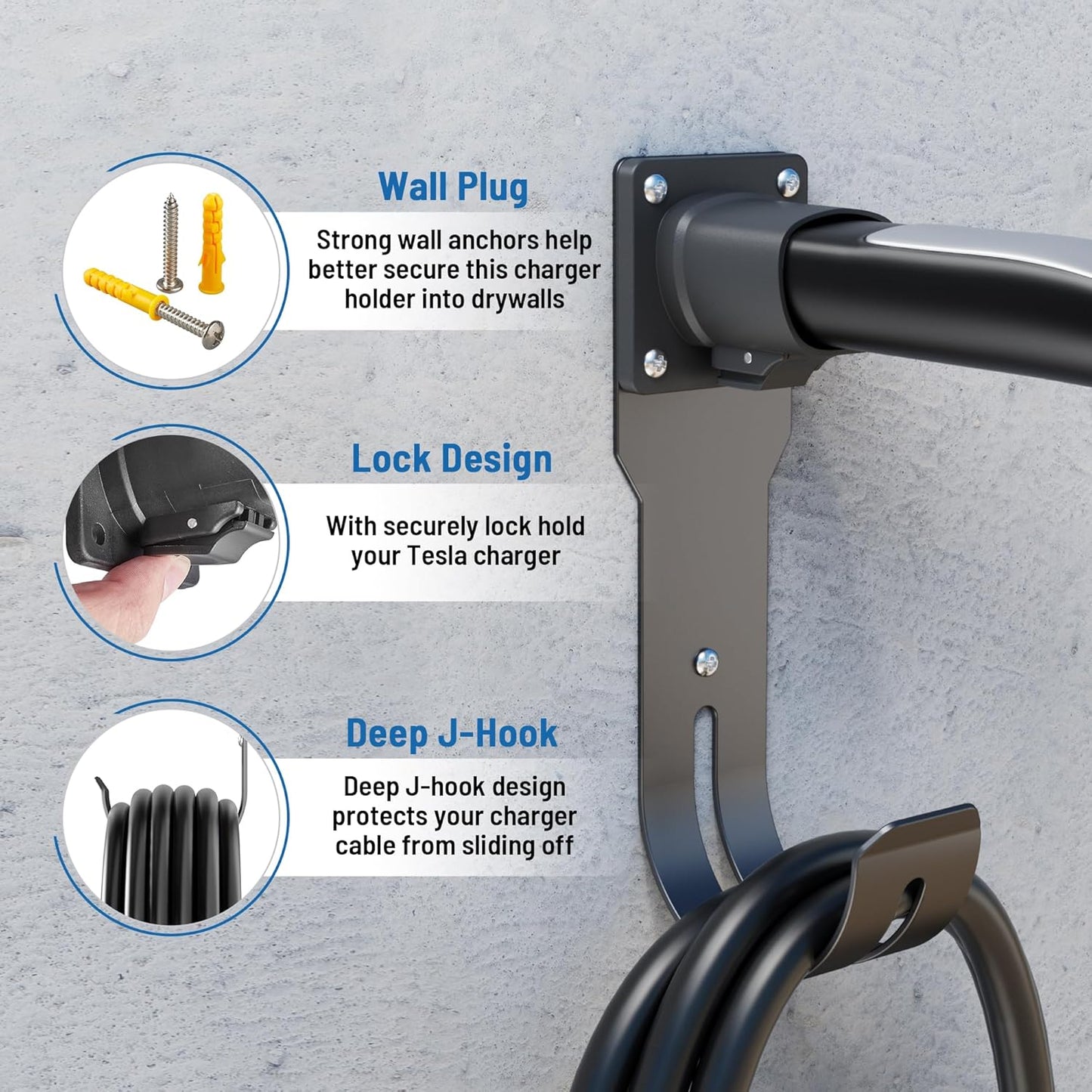 MECMO for Tesla Charger Holder - Wall Mount Dock & J-Hook for Model 3/Y/X/S, Heavy Duty Steel EV Charging Cord Hanger Compatible with NACS Connector