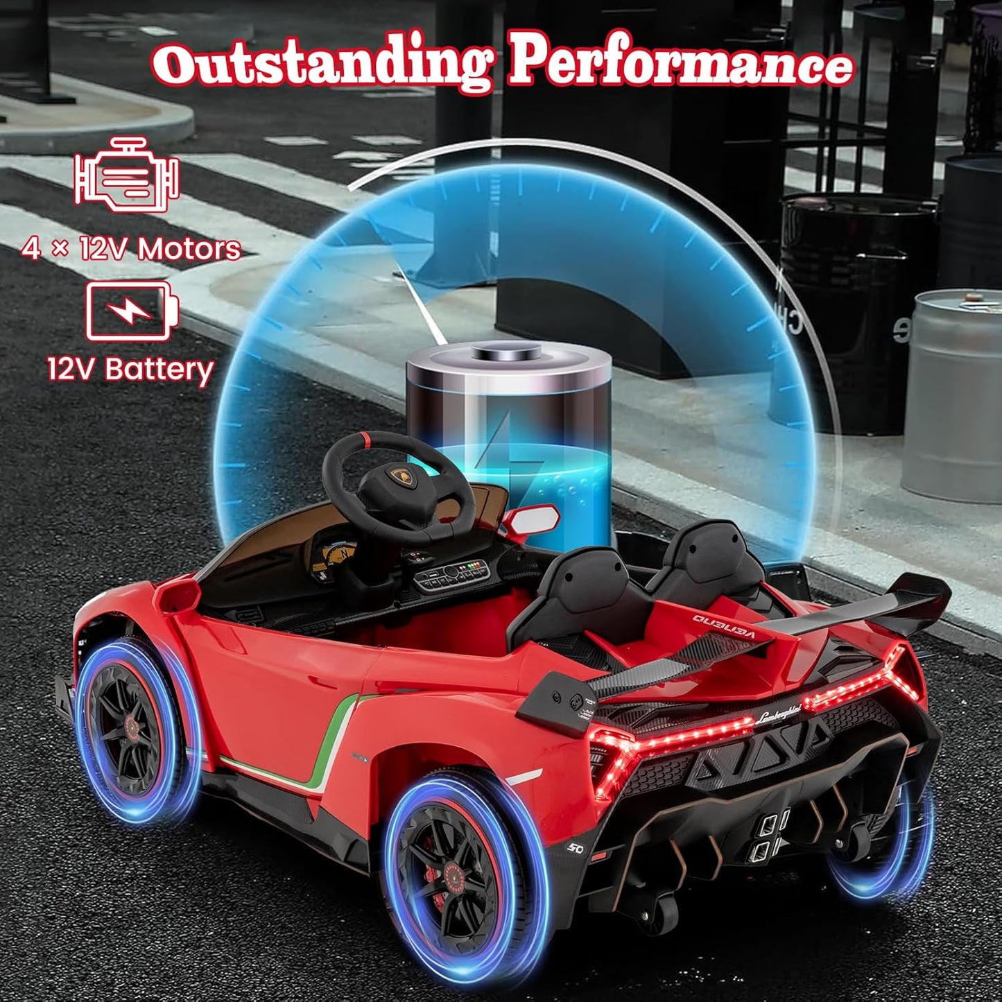 Costzon Ride on Car, Lamborghini Licensed 12V Battery Powered 4WD Sports Car with Remote Control, 3 Speeds, Hydraulic Doors, LED Lights, Towing Wheel, Horn, Music, Electric Vehicle for Kids Aged 3-8