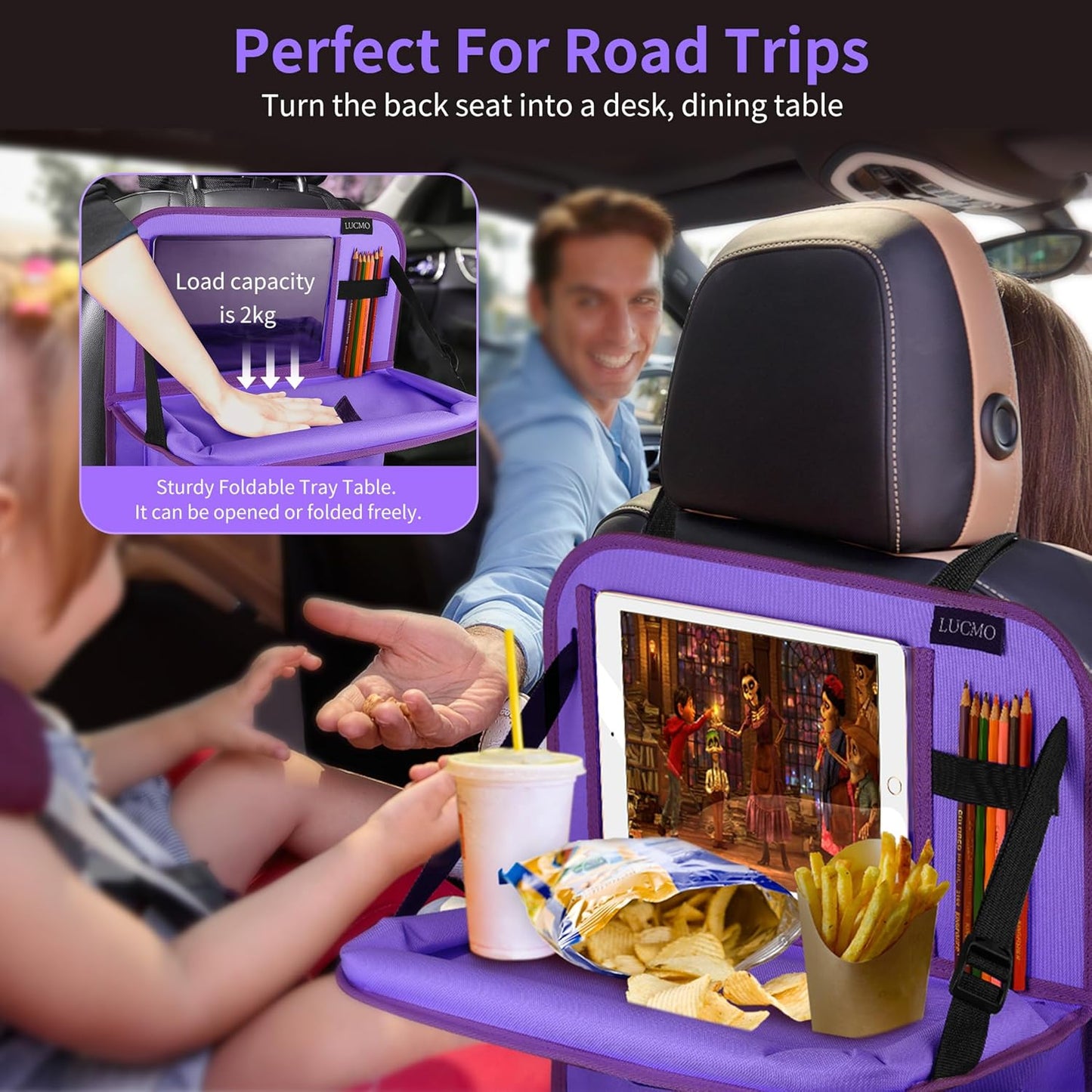 LUCMO Car Backseat Organizer with Tablet Holder-2 Pcs,6 Storage Pockets Car Storage Organizer with Foldable Food Tray,Protectors Kick Mats Travel Accessories-Dark Purple