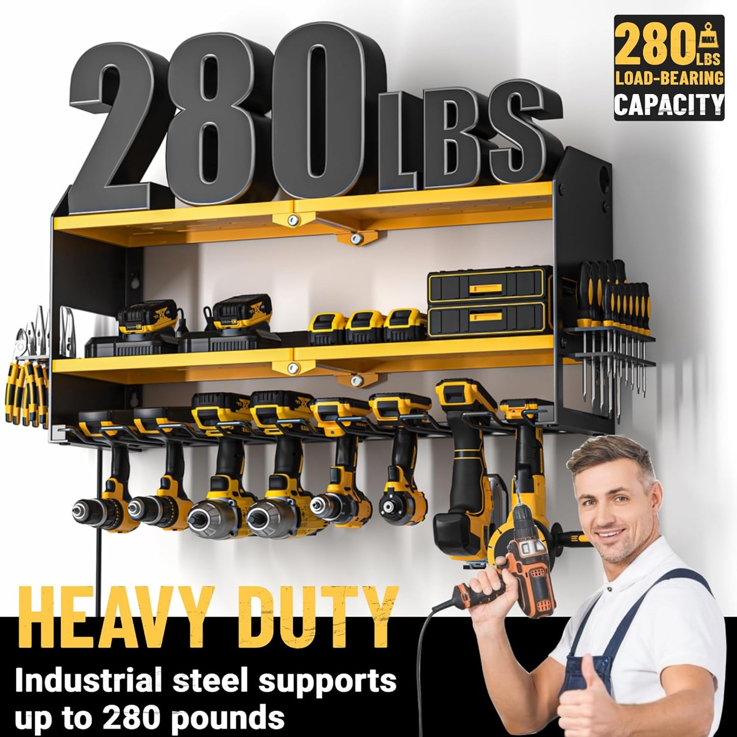 YYR Power Tool Organizer with Charging Station Wall Mount, Cordless Drill and Battery Holder for Garage Organization, Electric Tools Storage Rack Build in Surge Protection Power Strip - Yellow Shelf