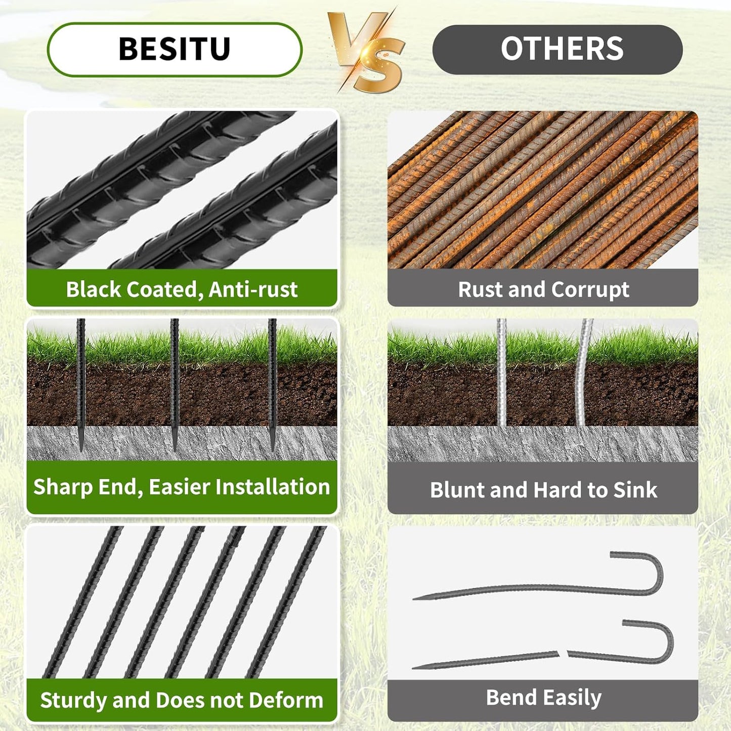 24 inches J Hook Rebar Stakes (16-Pack), Extra Long Garden Stakes with Chisel Point End Steel Rebar Ground Stakes for Tent Chain Link Fence and Outdoor Decorations Black Coated