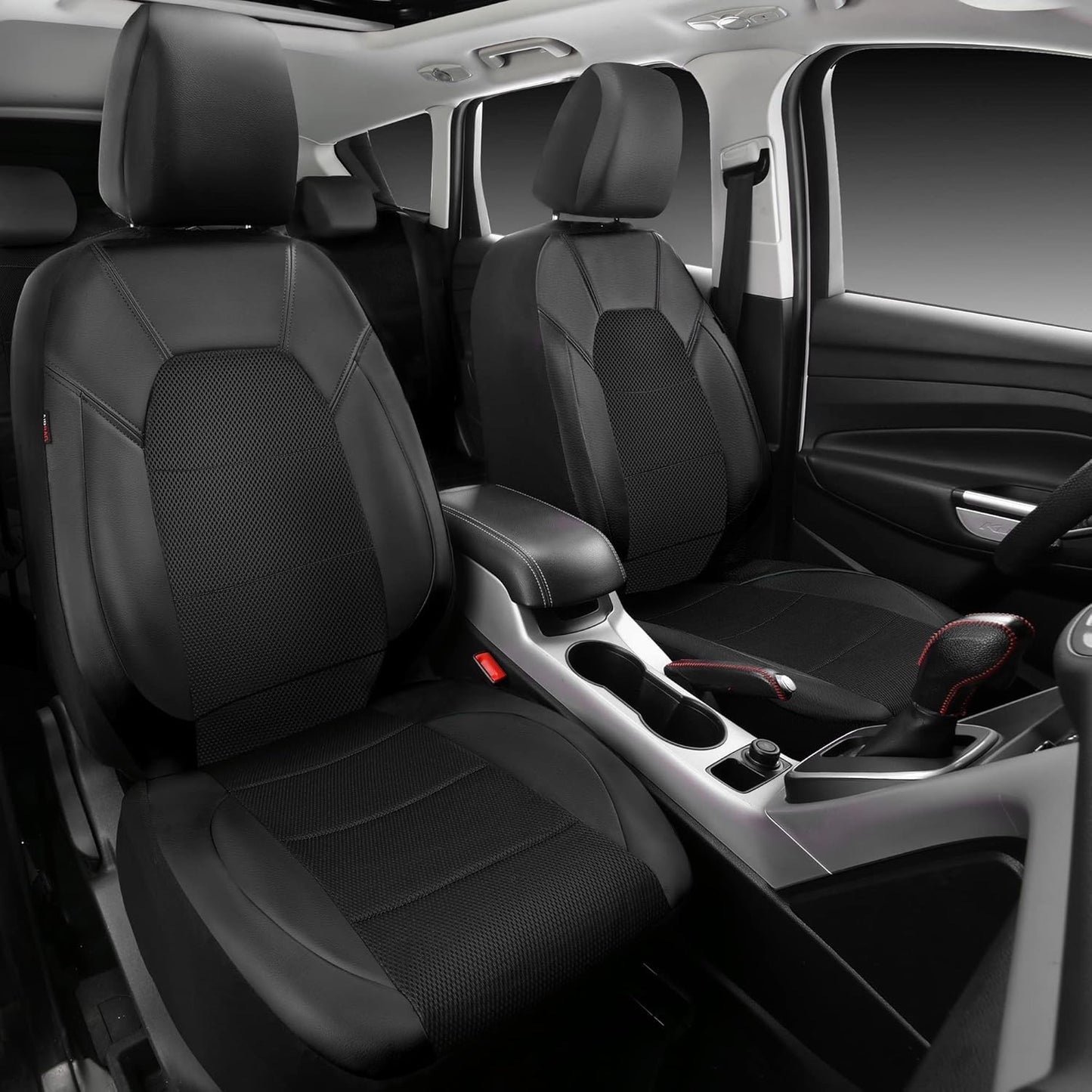 CAR PASS Leather Two Front Car Seat Cover; 4Pcs Waterproof Car Floor Mats & Steering Wheel Cover,Universal Fit Airbag Compatible Automotive Interior Covers (Combo Set, Black)