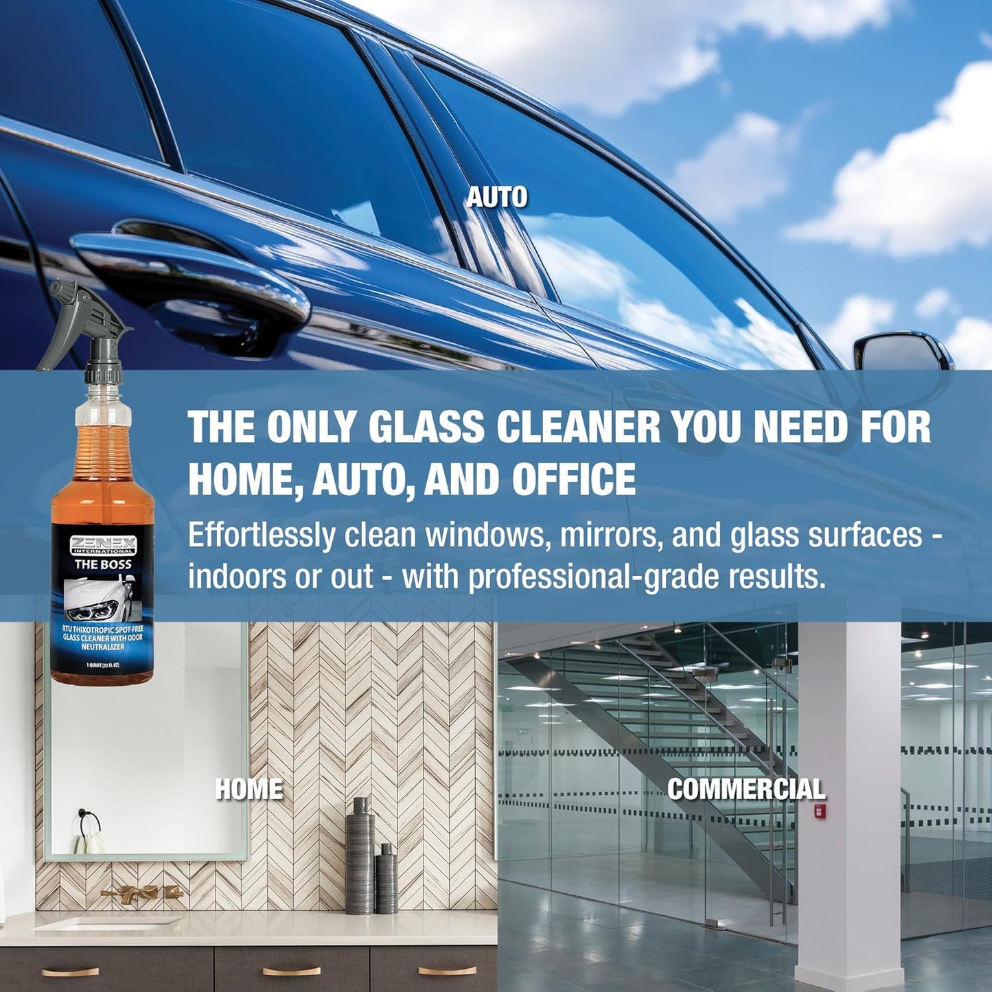 Zenex The Boss Glass Cleaner - Professional-grade Glass Cleaner | Removes Grime from Glass Surfaces - Mirrors, Windows, & More | Not For Tinted Glass | Spot-Free, Streak-Free Finish | 32 oz (2 Pack)