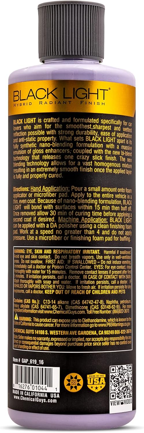 Chemical Guys GAP 619 16 Black Light Hybrid Radiant Finish, Glaze & Sealant, (Safe for Cars, Trucks, SUVs, & More) for Black and Dark Colored Cars, 16 fl oz