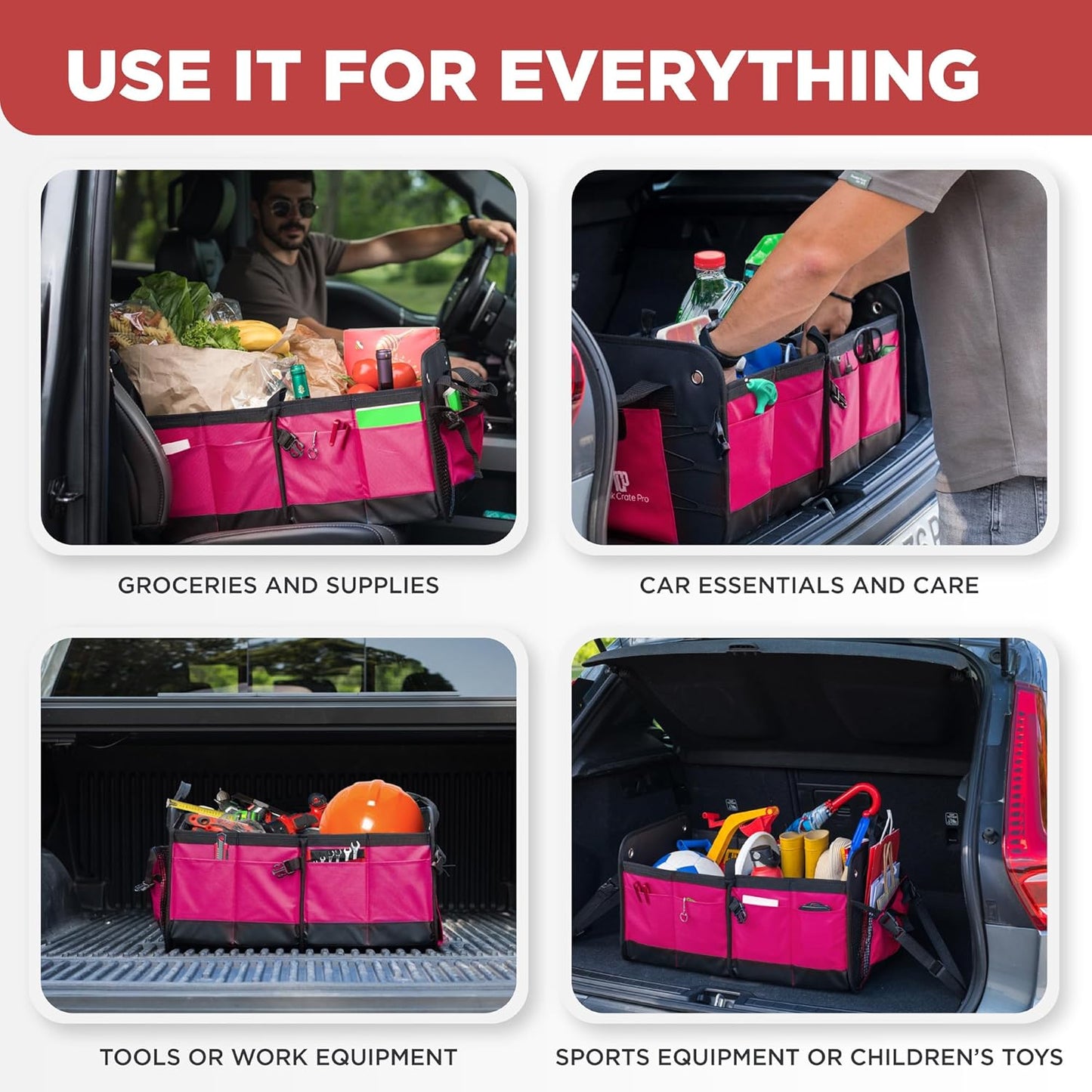 TRUNKCRATEPRO Pink Car Accessories For Women, Trunk Organizer For Car, Suv, Jeep Premium Adjustable Multi Compartments Collapsible (Large Capacity)