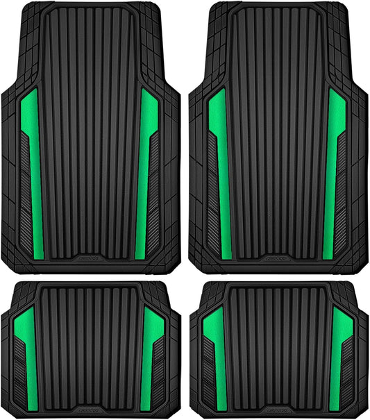 CAR PASS Heavy Duty Rubber Car Mats Metallic,Aluminum Film All Weather Floor Mats Waterproof Universal Trim to Fit SUVs Sedans Vans 4 Piece Anodized Deep Dish Two-Tone Sporty Black Green Chrome