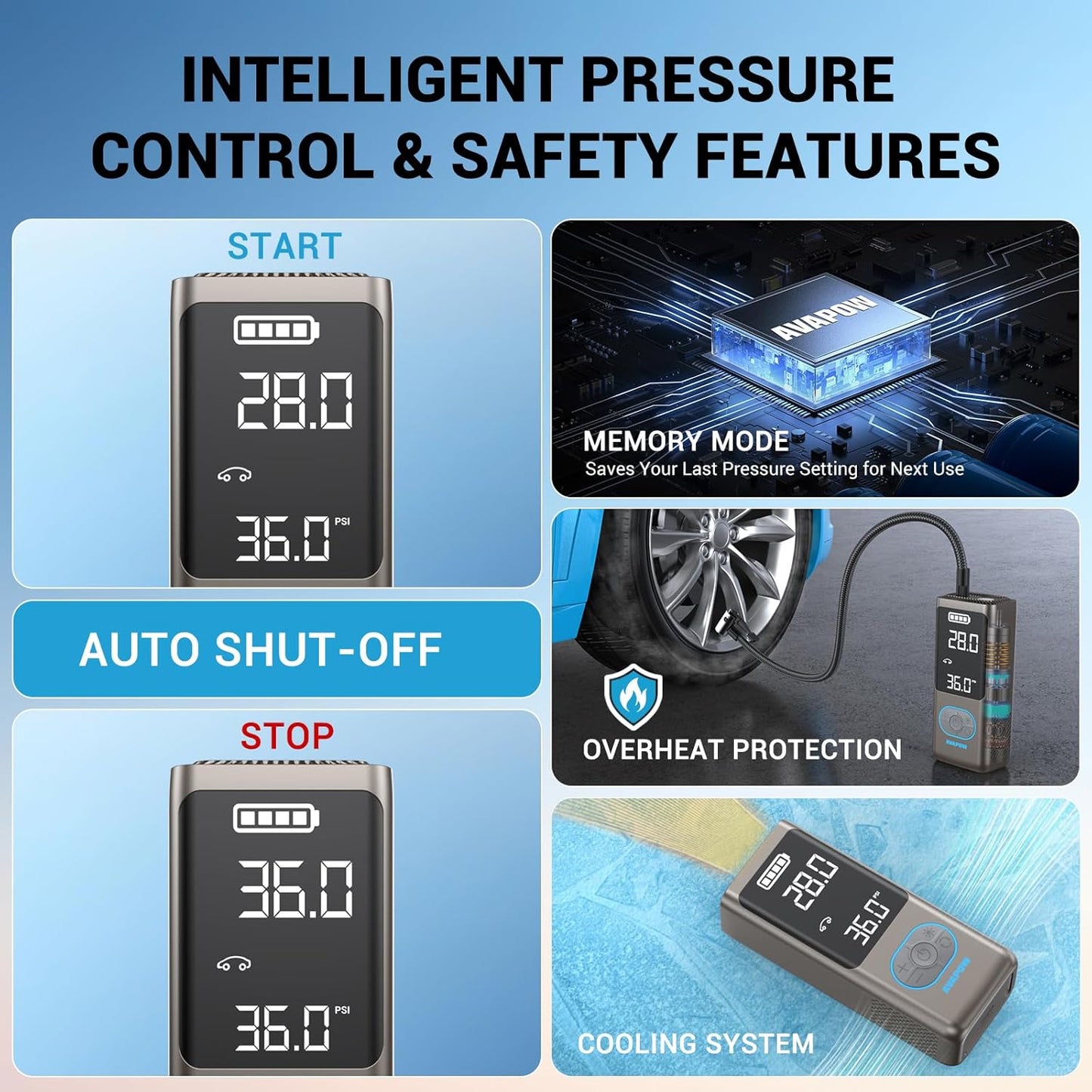 AVAPOW AP18 Tire Inflator Portable Air Compressor, 300% Faster 150 PSI Cordless Air Pump with Tire Pressure Gauge, 3.7″ Dual LCD Screen, Auto-Shuts Off Tire Pump for Car, Motorcycle, Bicycle, Gold