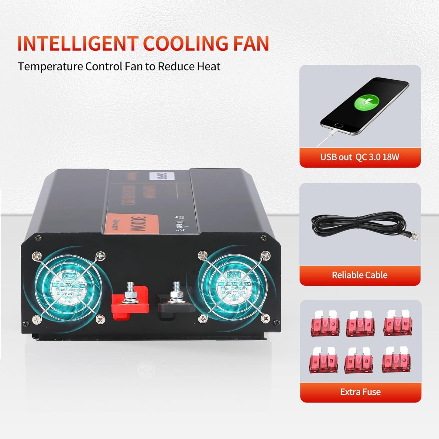 3000W Pure Sine Wave Inverter 12V DC to 120V AC Converter for Home, RV, Truck, Off-Grid Solar Power Inverter with Built-in 5V/2.1A USB, Reliable Cable, Remote Controller