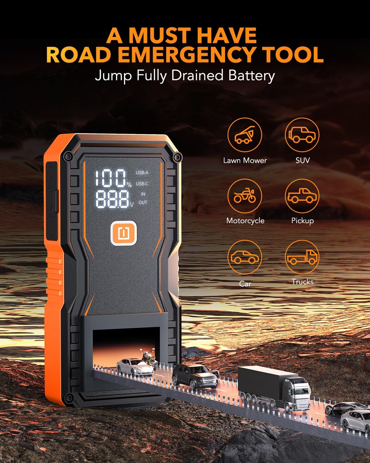 OXILAM Jump Starter 6000A for All Gas/12L Diesel, Car Battery Jumper Starter Portable, 12V Lithium Jump Box with Jumper Cables, LED Display, LED Light, Power Bank with USB, Type C Port