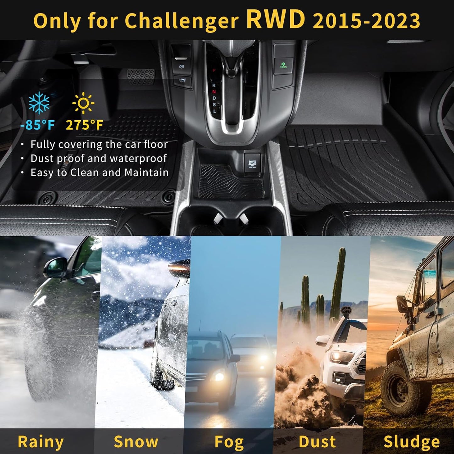 GINOWY-Floor Mats for Dodge Challenger RWD 2015-2023, TPE All Weather Challenger Car Floor Mats, Custom Fit Non-Slip Waterproof Challenger Automotive Floor Liners Accessories Black