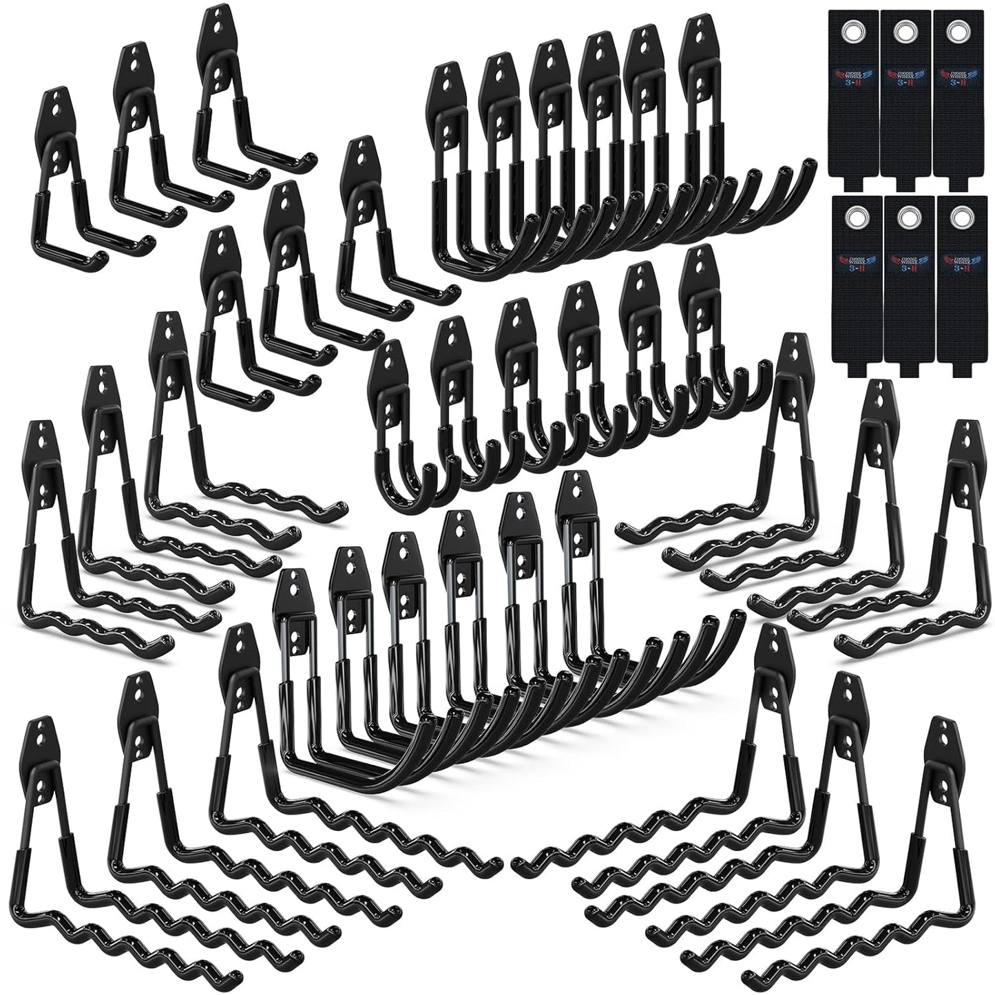 3-H Garage Wall Hooks 42 Pack, Heavy Duty Garage Hooks with Extra Welding Spots, Wall Mount Storage Organizer for Hanging Garden Lawn Tools, Ladder, Bike, WeedEater, Chair, Shovel, Blower (Black)