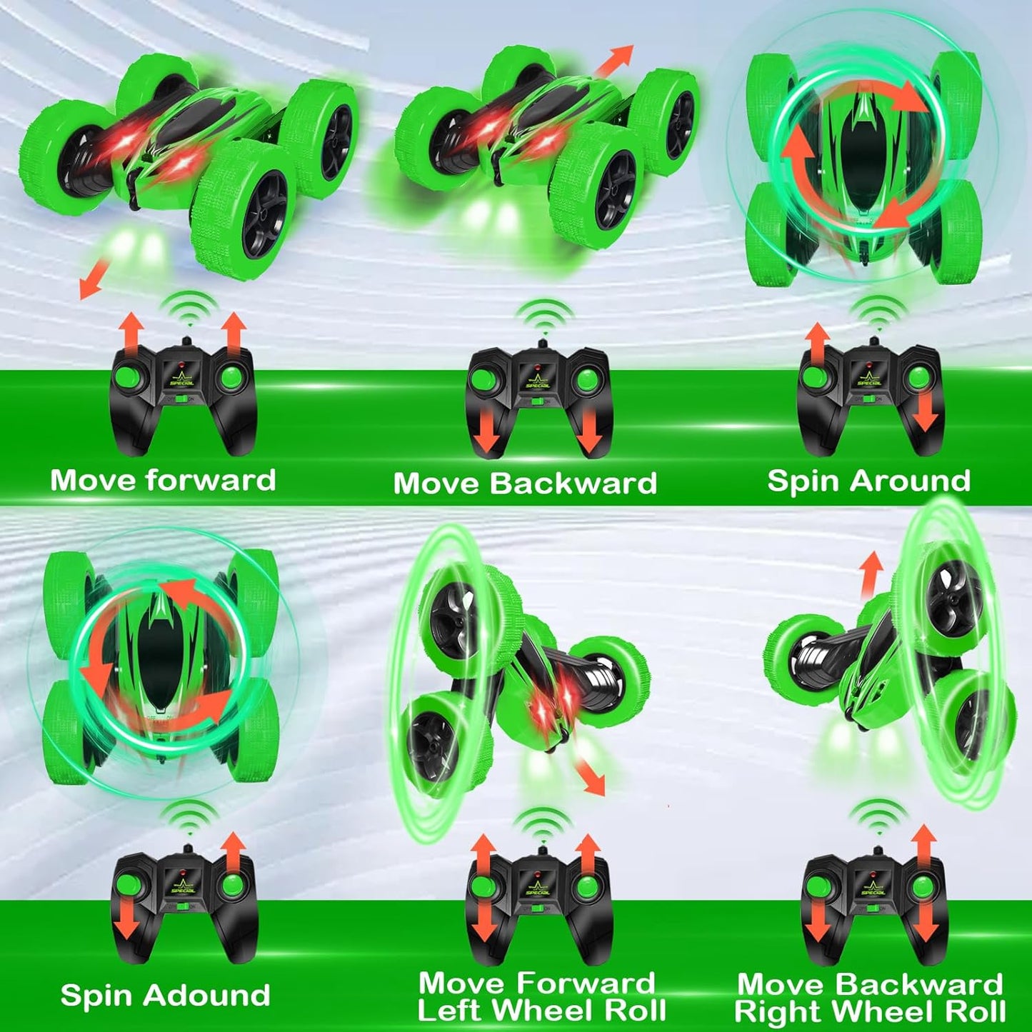 FREE TO FLY Remote Control Car for Boys 8-12: 2.4Ghz Electric Rechargeable Race Stunt Cars Double Sided 360 Rolling Rotating Rotation with Led Headlights