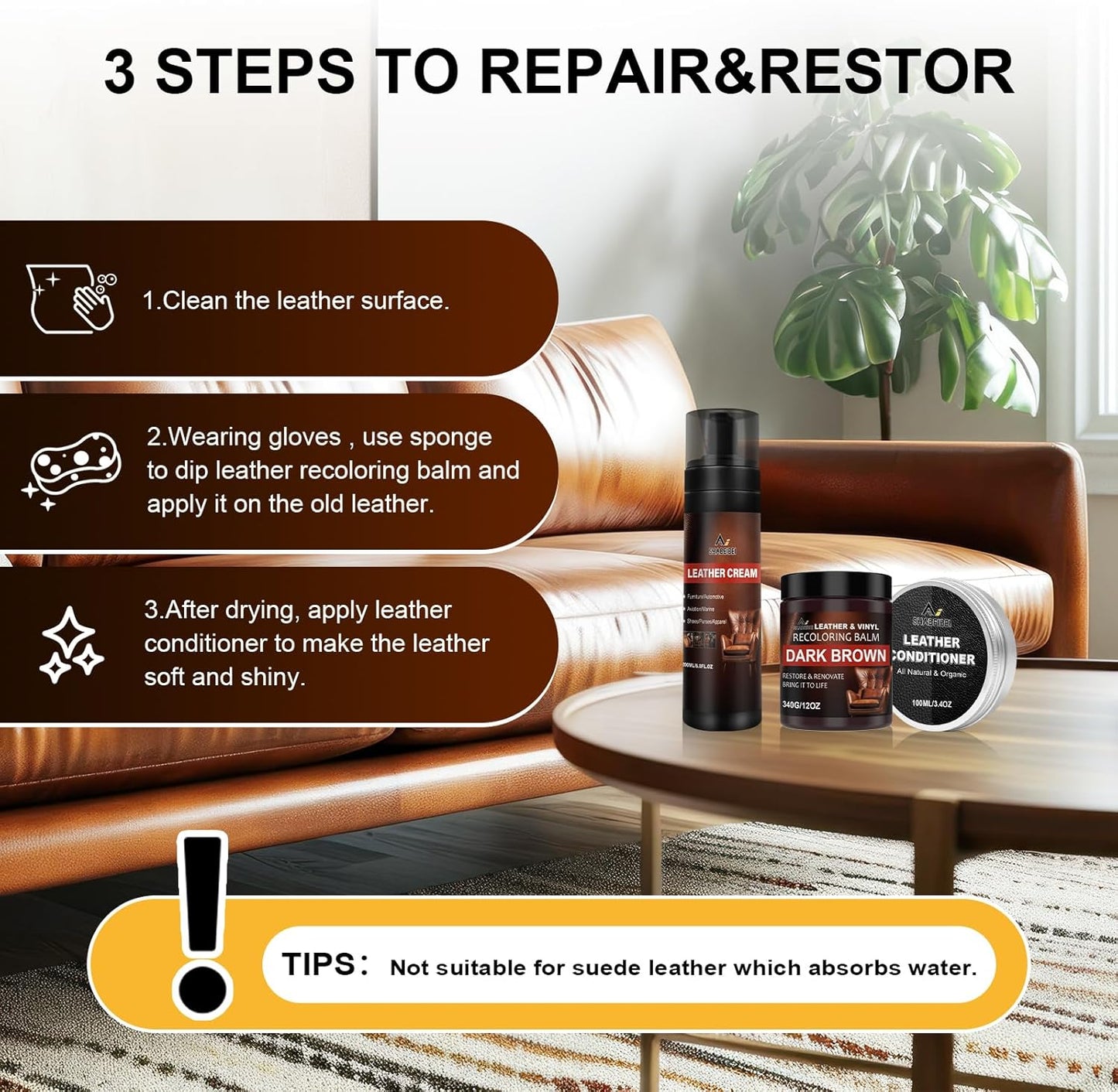 Leather Recoloring Balm Set,Leather Cleaner Restore Conditioner Mink Oil for Leather Repair Kit for Furniture Couches -Revives Repairs Scratches Leather Dye Furniture Polish (Medium Brown)