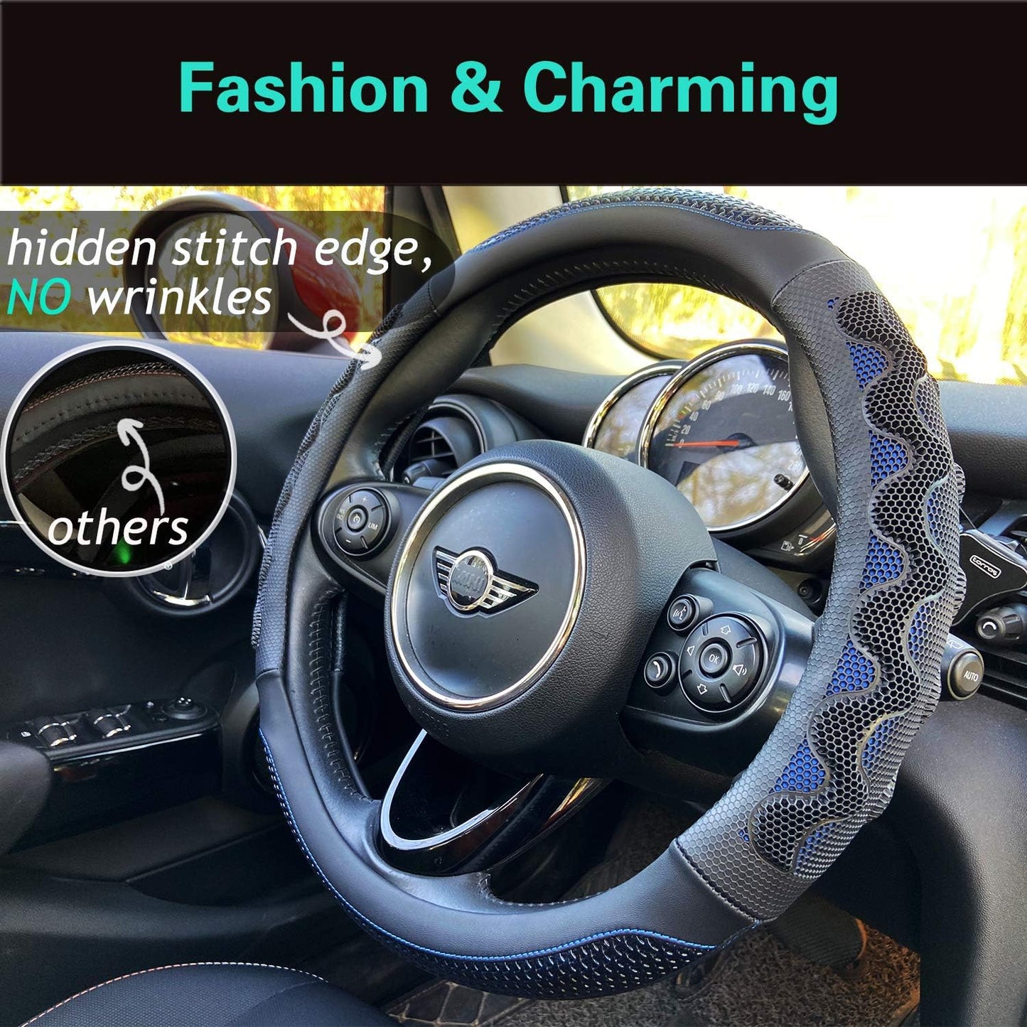 PINCTROT Small Size Steering Wheel Cover Great Grip with 3D Honeycomb Anti-Slip Design, 14 Inch (Blue)