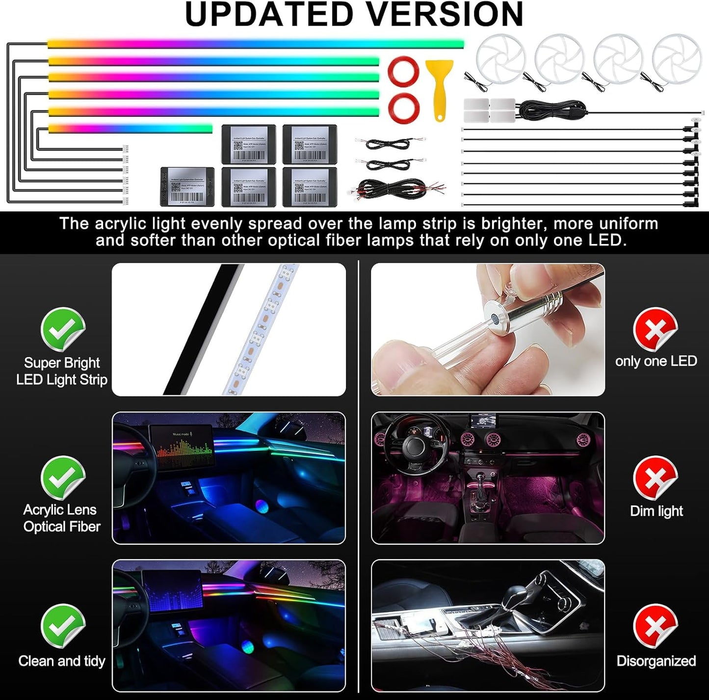 Dream+Color Acrylic Interior Car LED Strip Light with APP, RGB 22 in 1 with 175 inches 600 LEDs Fiber Optic Ambient Lighting Kits, Dynamic Chasing Music Sync Neon LED Strip for Car Accessories
