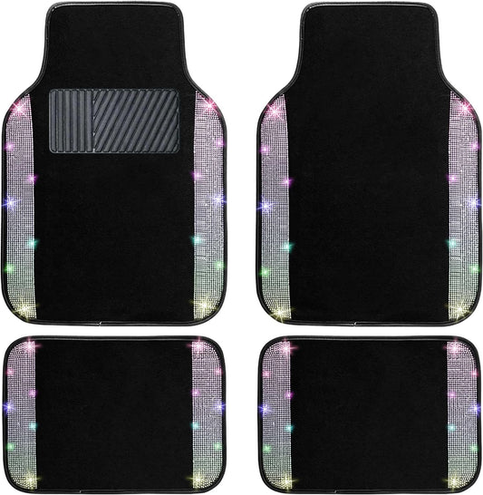 NBTEPEM Multicolor Bling Car Floor Mats Full Set, Universal Fit Most Cars,SUV, Trucks, 4 pcs Sparkle Glitter Diamond Carpet for Women Girls with Anti-Slip Pad (Colorful Diamond)