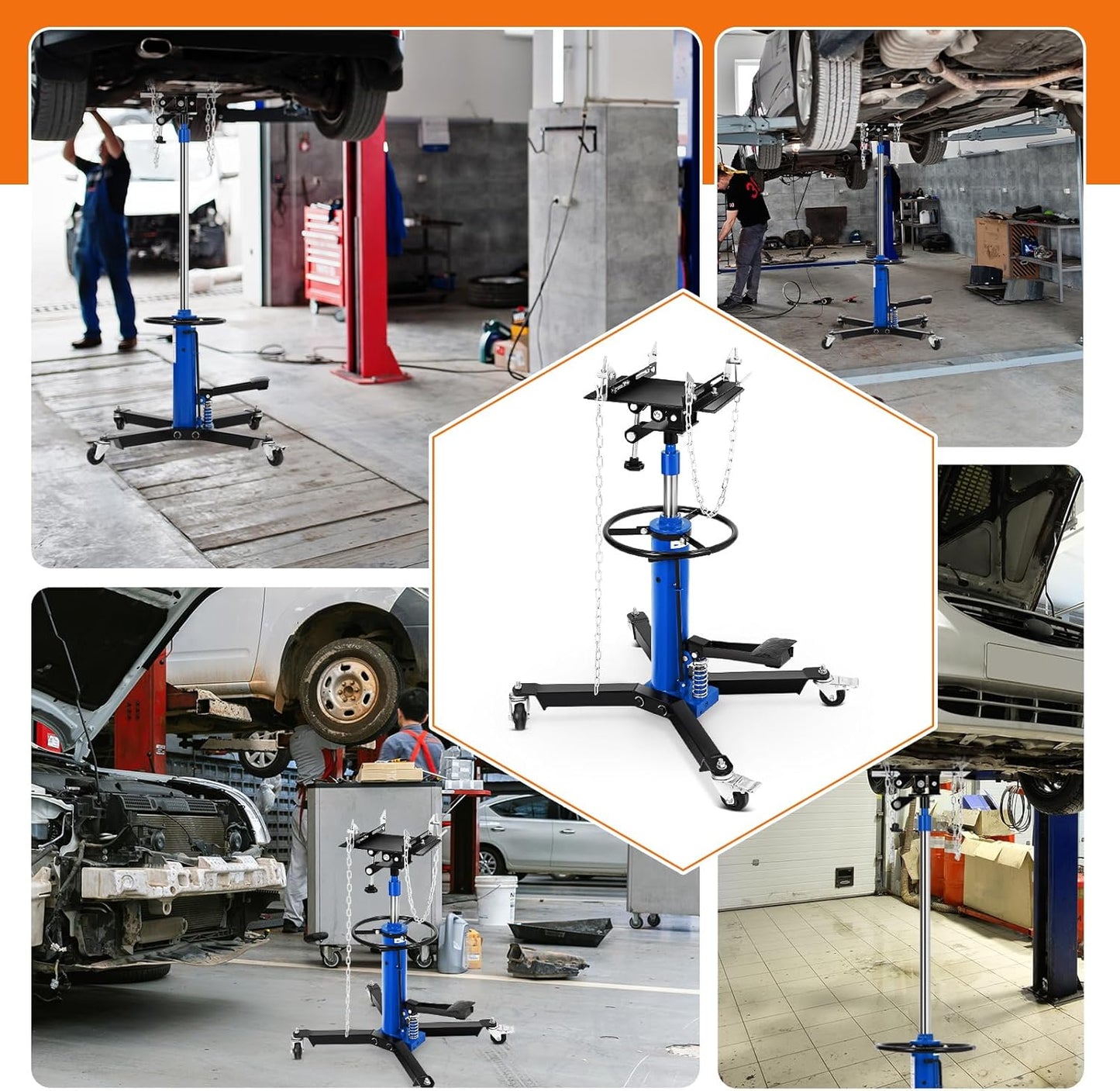 Transmission Jack, 1322lbs (3/5 Ton), 2-Stage Hydraulic Telescopic Jacks, Lifts 34"-68", with Foot Pedal & 360° Swivel Wheels, Ideal for Garage and Car Lifting, Heavy-Duty, Blue
