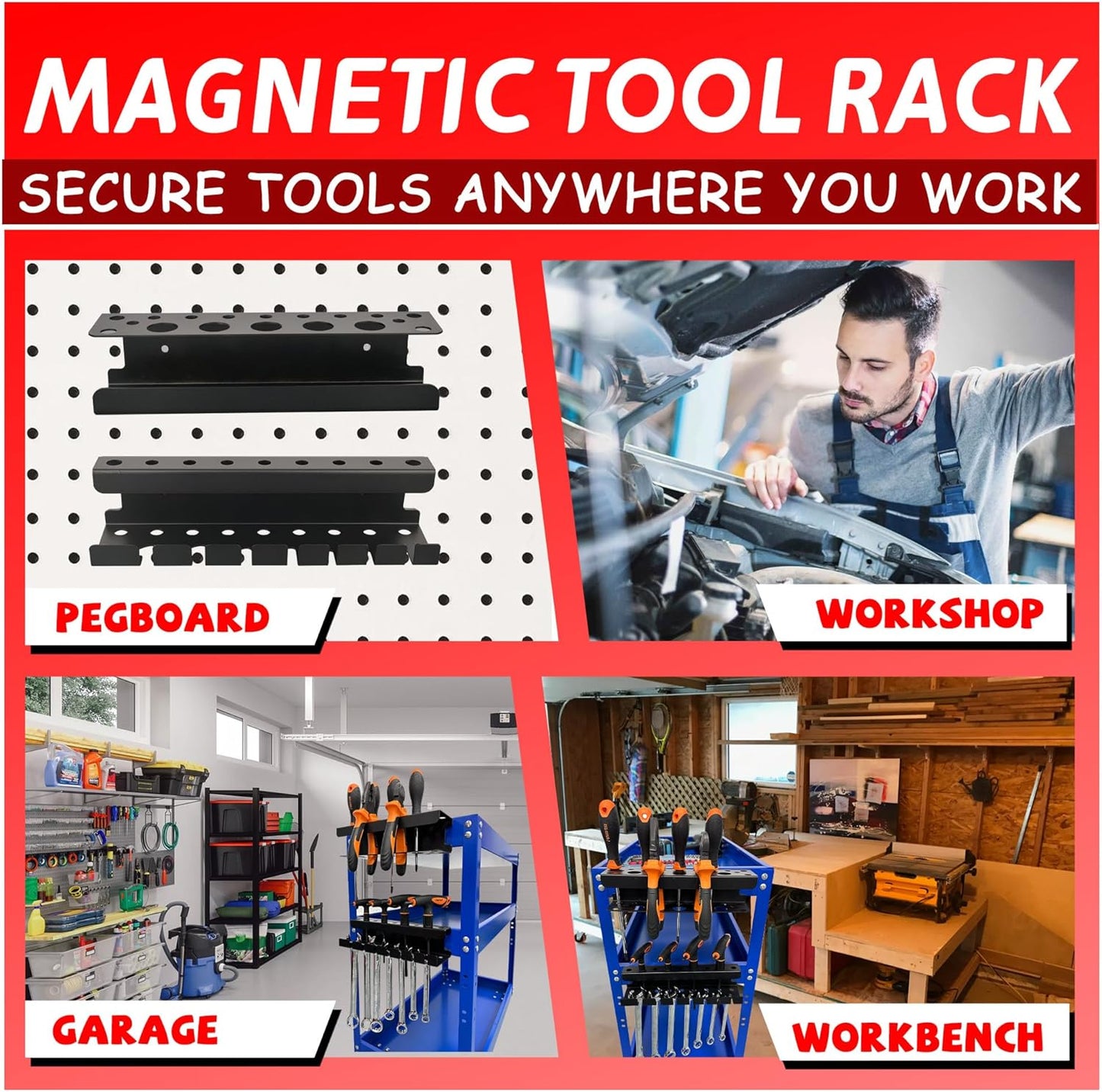 ULIBERMAGNET Magnetic Screwdriver Holder,Magnetic Wrench Holder,Heavy Duty Black Metal Tool Storage Organizer,Set of 2 Magnetic Mount Tool Holder for Garage,Workbench,Tool Cart,PegBoard