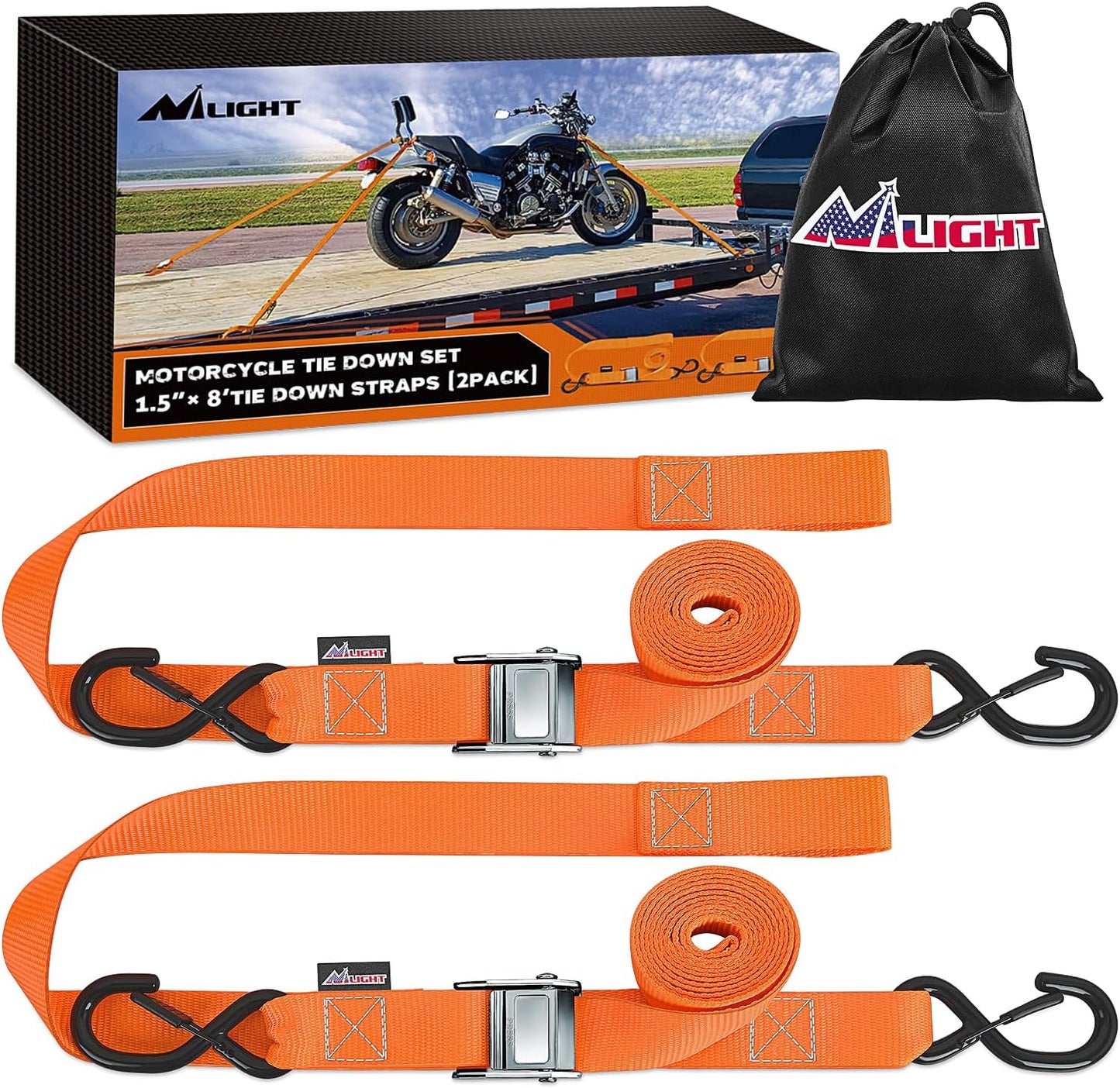 Nilight Motorcycle Tie Down Straps 1.5”×8’ Heavy Duty Cambuckle with Soft Loops Safety S-Hooks 3084Lbs Break Strength for Securing Dirtbikes ATV UTV