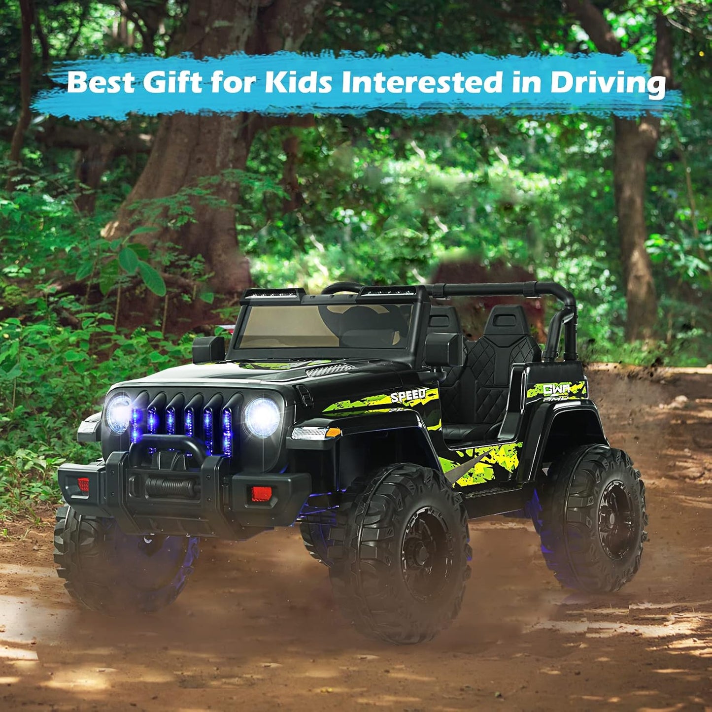 INFANS Kids Ride on Car Truck with 2.4G Remote Control, 12V Battery Powered Electric Cars for Kids w/3 Speeds, Battery Display, LED Lights, Safety Belt, Music & Horn, Bluetooth/FM/USB (Dark Black)