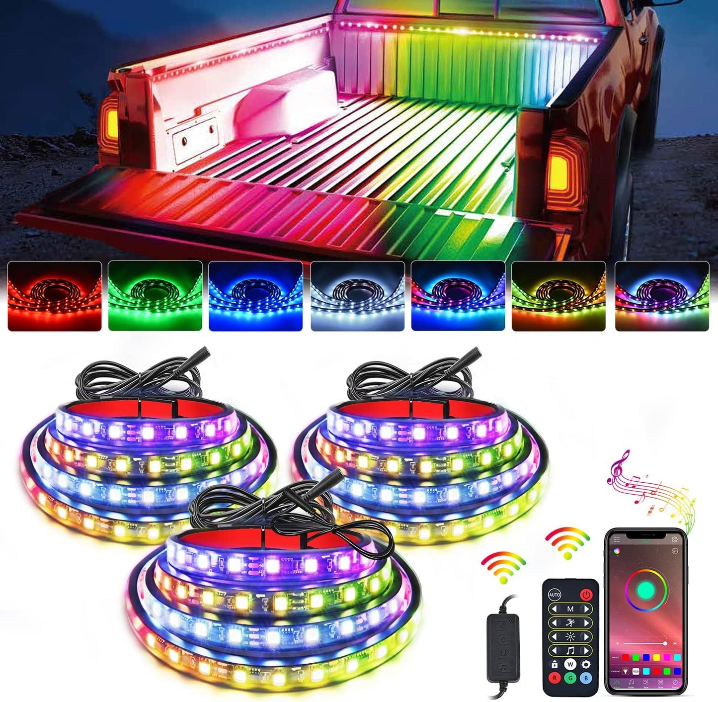 Nilight Truck Bed Light Strip RGB-IC LED Bar for Pickup Multi Dream Color DIY Music Synchronous with APP and RF Remote Control 3PCS 60 inch Cargo Lighting