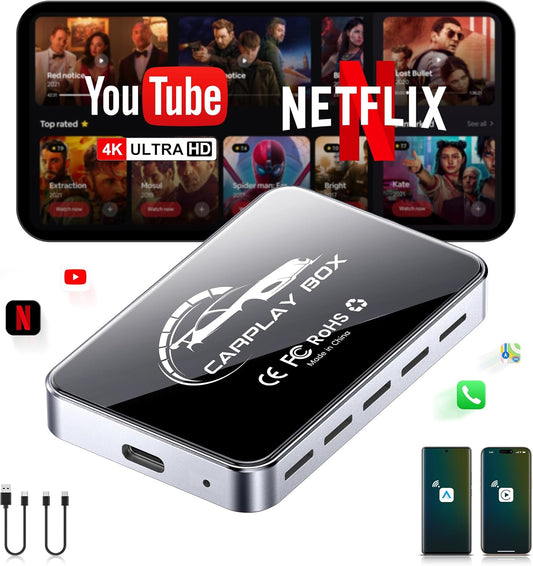 AI Box Wireless CarPlay & Auto Adapter - Plug & Play, Dual-Band WiFi, Bluetooth 5.0, 4K Video Support, Android 12.0 System, Compatible with Factory CarPlay & Android Auto （4GB RAM+32GB ROM）