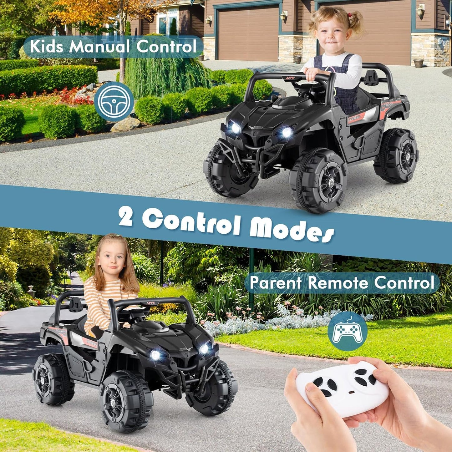 OLAKIDS 12V Ride on Car UTV, Battery Powered Off-Road Kids Electric Vehicles with Remote Control, Music, Horn, MP3, Lights, 3 Speeds, Soft Start, Ride on Truck for Boys Girls (Black)