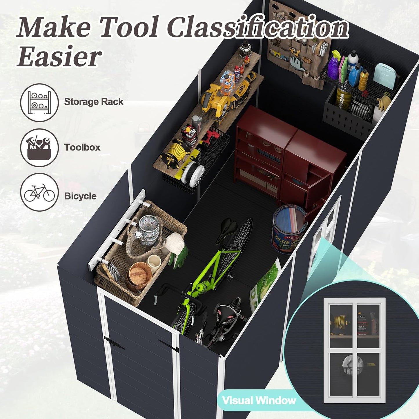 MyVoice 8x4 FT Outdoor Resin Storage Shed with HD Window, Rustproof Waterproof Garden Tool Shed, 12mm Thickened PP Panels, Large Capacity Outdoor Utility House for Backyard Patio (with Floor)