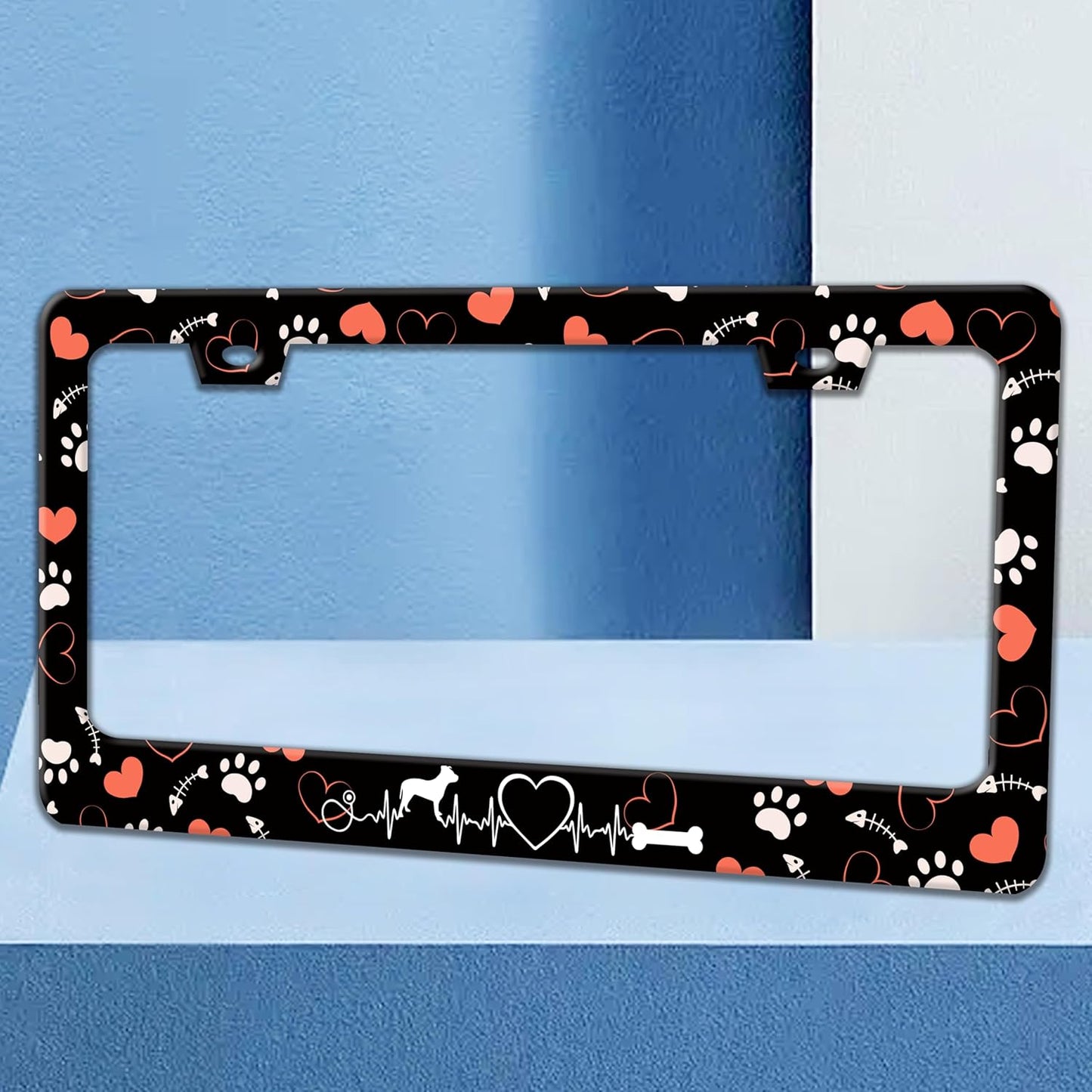 Dog Paw Prints License Plate Frame Dog Lover License Plate Holders Funny Stainless Steel Auto Accessory Bracket 2 Hole with Screws Universal Us Car License Plate Frames 6x12 Inch for Women Men