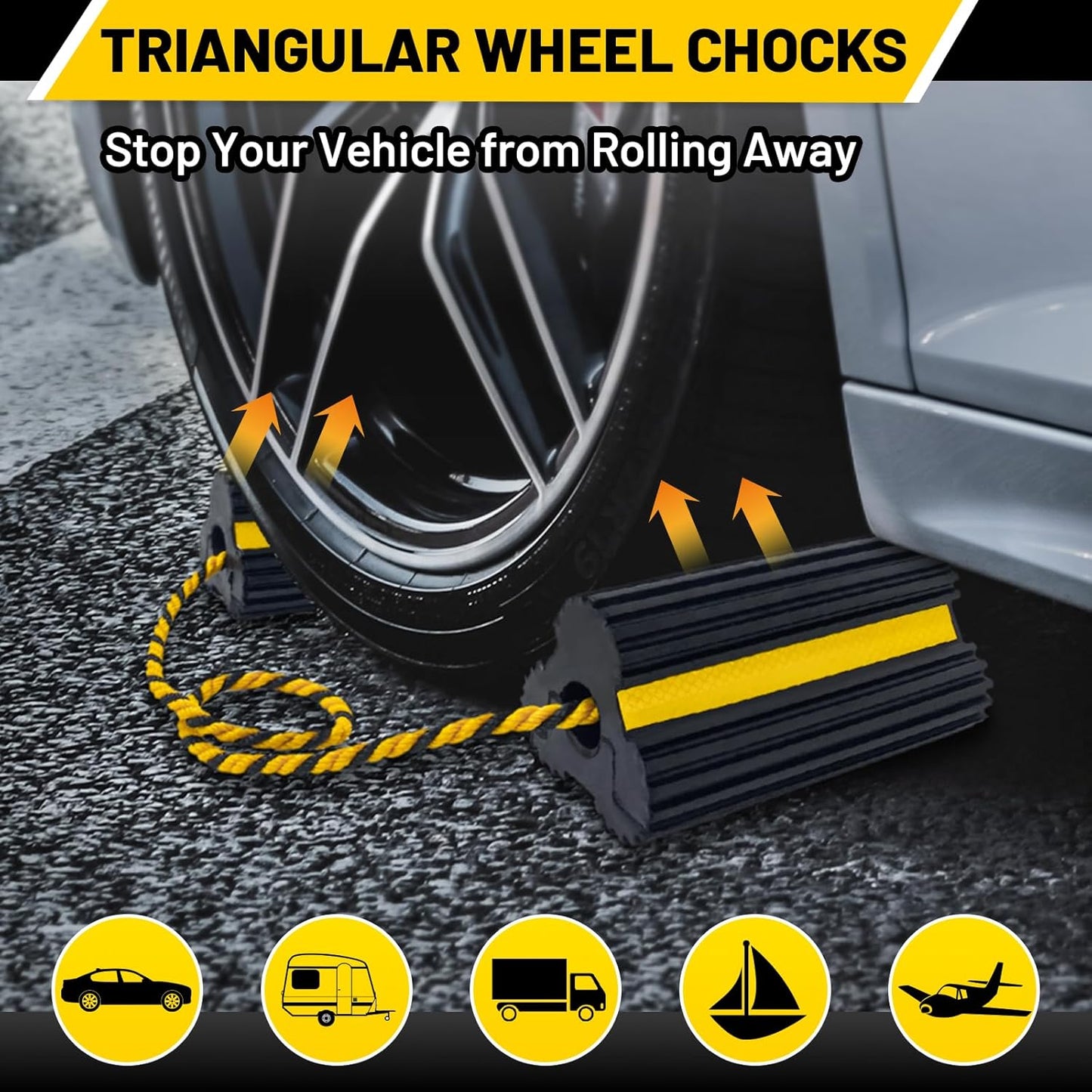 ROBLOCK 2 Pairs Wheel Chocks Heavy-Duty Rubber Wheel Block Non-Slip Base with Nylon Rope Yellow Reflective Tape - 4 Pack Wheel Stopper for Travel Trailers, Car, Camper, Truck, Black