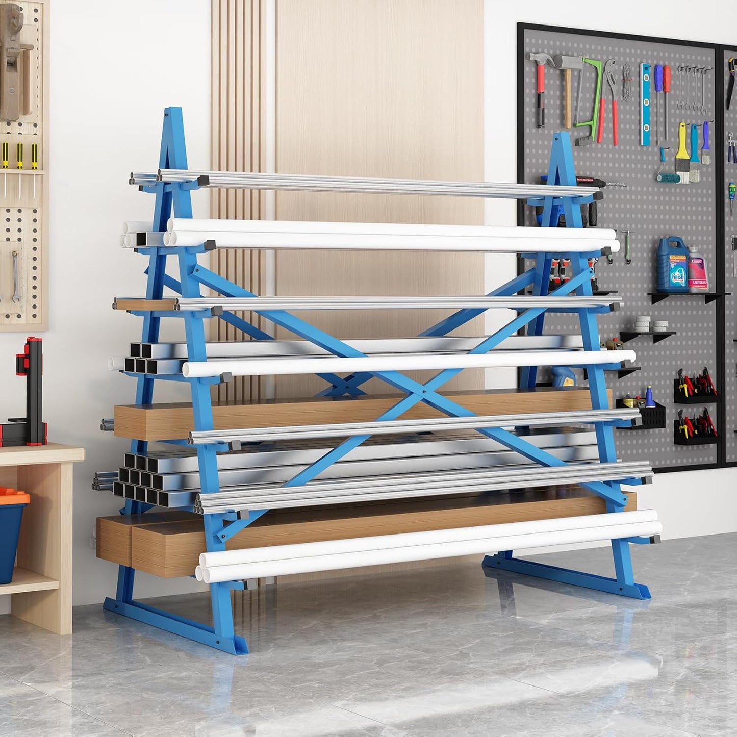 Horizontal Lumber Storage Rack, Heavy Duty 2000 LBS, 60” W x 66” H x 40” D, 7-Tier Metal Garage Shelf with Adjustable Arms for Wood, Pipes, and Building Materials