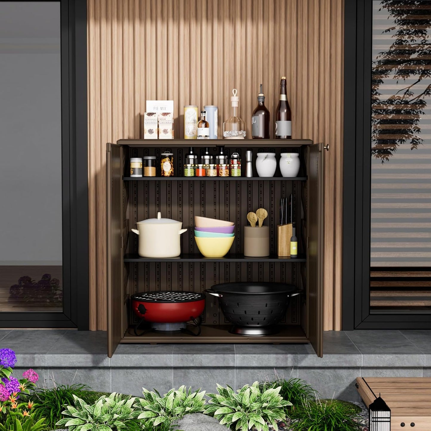 Storage Box Outdoor Caninet,Resin Indoor Storage Box Waterproof Outdoor Storage Cabinets for Patio/Garden/Backyard, Size 34.3''L*15''W*36.2''H(Brown)