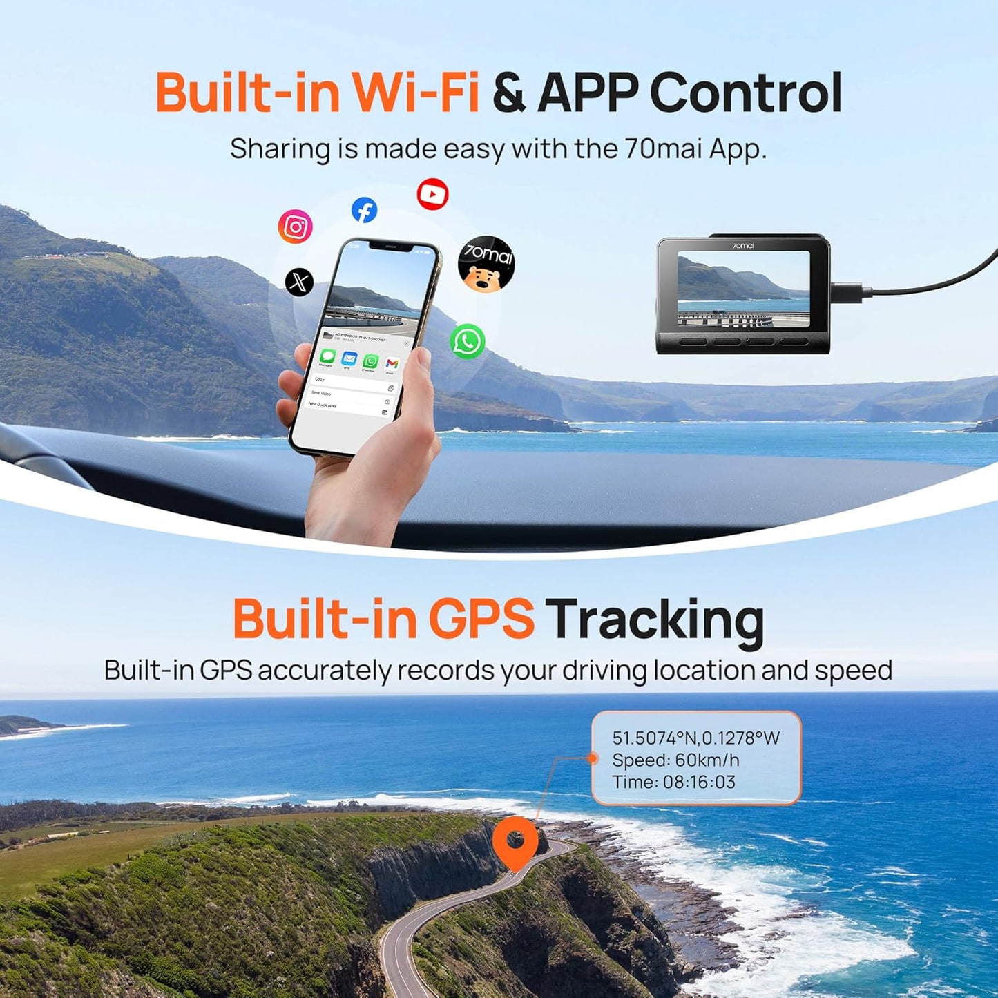 70mai 4K Dash Cam Front and Rear with STARVIS, Built in 5GHz WiFi & GPS Car Camera, Super Night Vision, ADAS, 3'' IPS Screen, 24H Parking Mode, Time-Lapse, Loop Recording, Support 256GB Max (A800S)