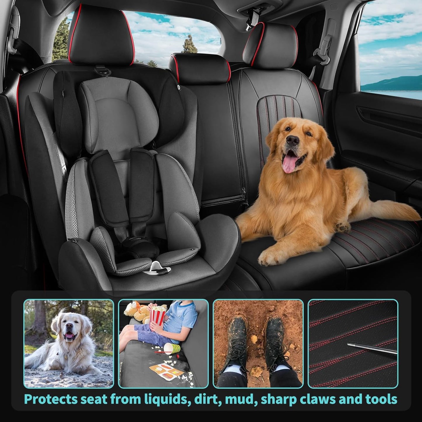 Seat Covers for Honda CRV 2023 2024 2025 2026 EX/EXL/LX/Sport/Touring/Special Edition, Hybrid & Gas, 1:1 Custom Leather Seat Covers Full Set - BlackRed