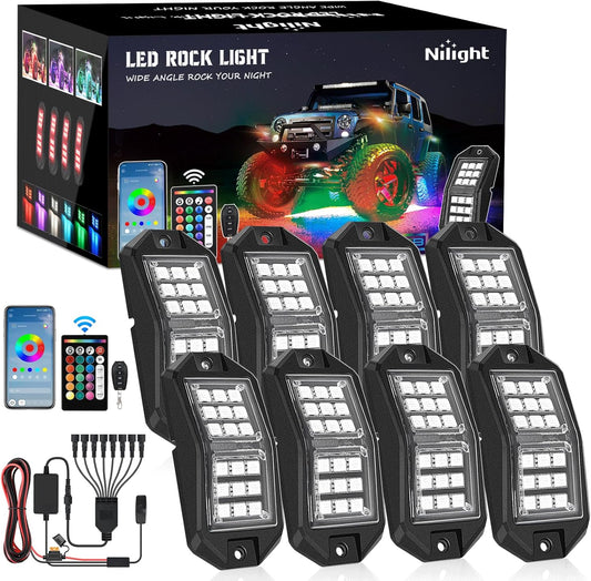 Nilight RGB LED Rock Lights Kit 8 PCS 18LED Wide Angle Wheel Well Light with Remote & Bluetooth App Dual Control Multi Modes Underglow Multicolor Neon Pod for ATV UTV SUV Offroad Truck RZR Boat