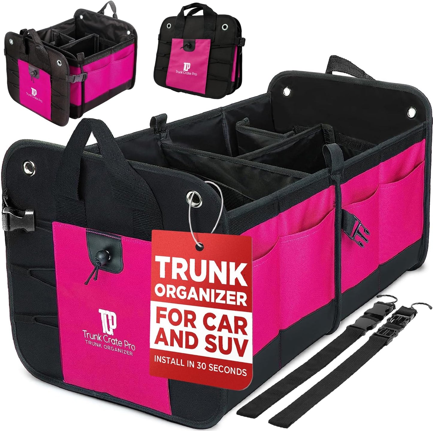 TRUNKCRATEPRO Pink Car Accessories For Women, Trunk Organizer For Car, Suv, Jeep Premium Adjustable Multi Compartments Collapsible (Large Capacity)