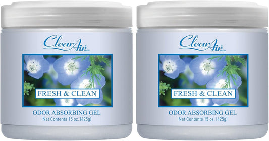 Clear Air Odor Absorber Gel - 15 oz, Pack of 2 - Air Freshener Absorbs and Eliminates Odors in Bathrooms, Cars, Boats, RVs and Pet Areas - Made with Essential Oils - Fresh & Clean Scent