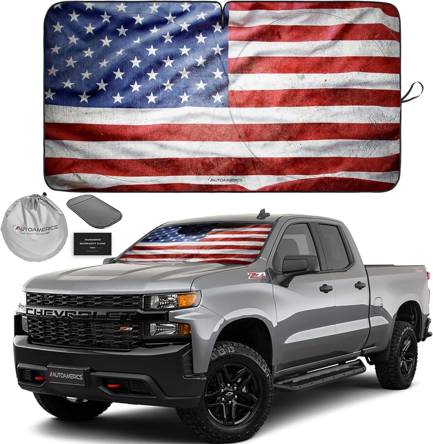Autoamerics 1-Piece Windshield Sun Shade Grunge American Flag - 3 USA Design - Foldable Car Front Window Sunshade for Most Sedans SUV Truck - Blocks Max UV Rays and Keeps Your Vehicle Cool - Large
