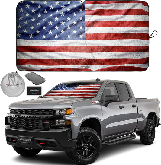Autoamerics 1-Piece Windshield Sun Shade Grunge American Flag - 3 USA Design - Foldable Car Front Window Sunshade for Most Sedans SUV Truck - Blocks Max UV Rays and Keeps Your Vehicle Cool - Large
