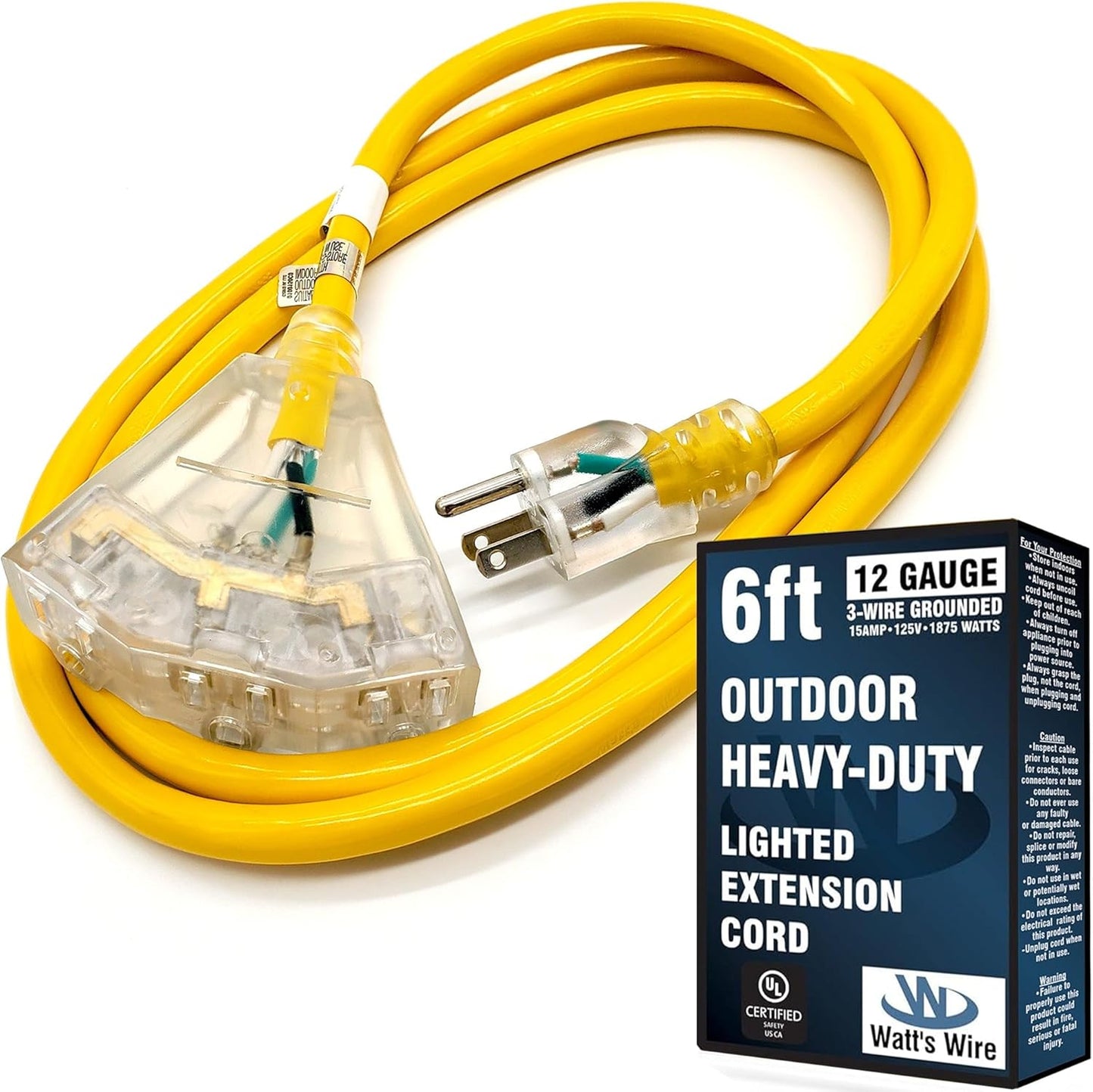 6 ft - 12 Gauge Heavy Duty Extension Cord - 3 Outlet Lighted SJTW - Indoor/Outdoor Extension_Cord by Watt's Wire - 6' 12-Gauge Grounded 15 Amp ExtensionCord Splitter