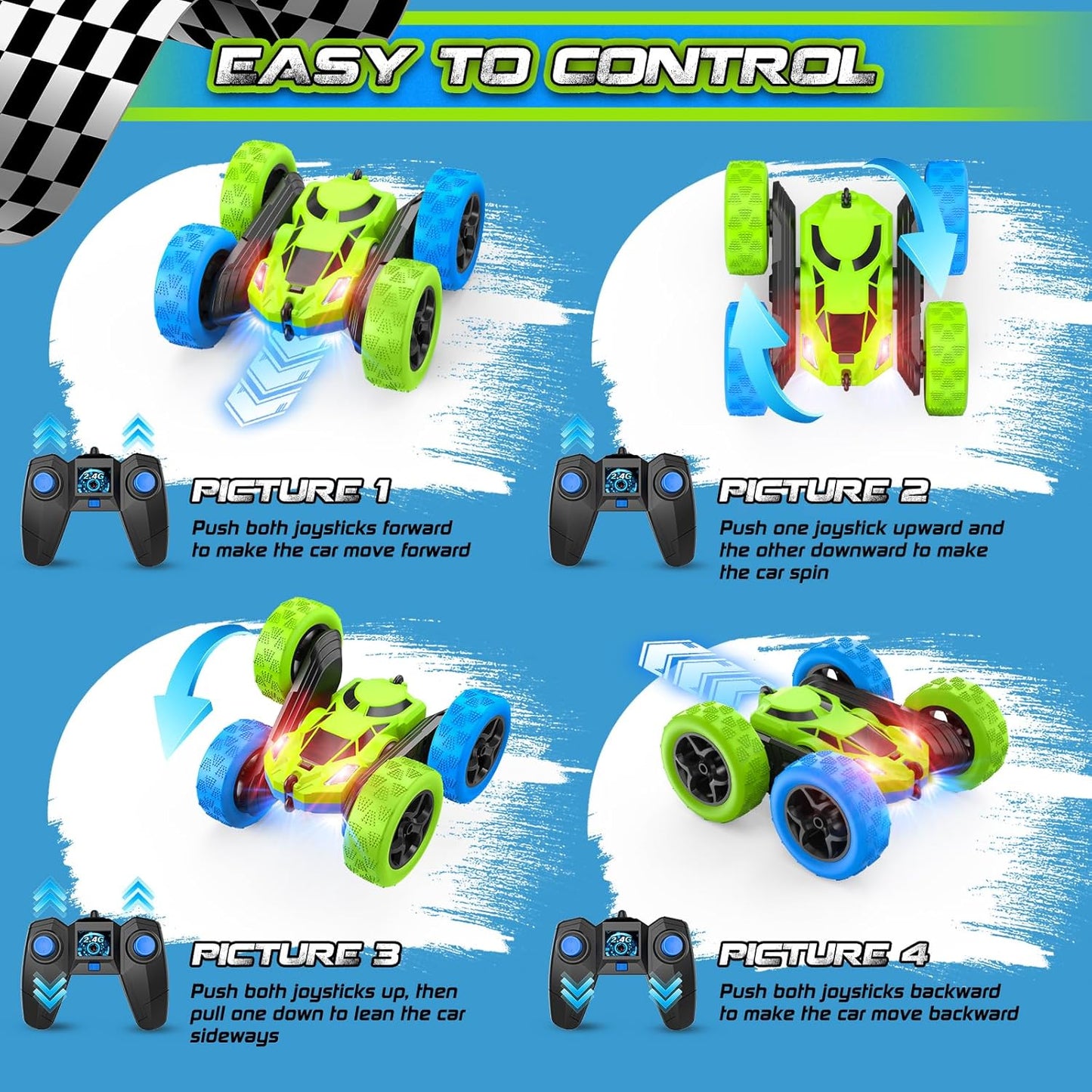 cosone Remote Control Car Toys for Boys - 4WD 2.4Ghz Double Sided 360° Rotating All Terrain RC Cars with Cool Lights, Kids Birthday for Boys-Blue&Green