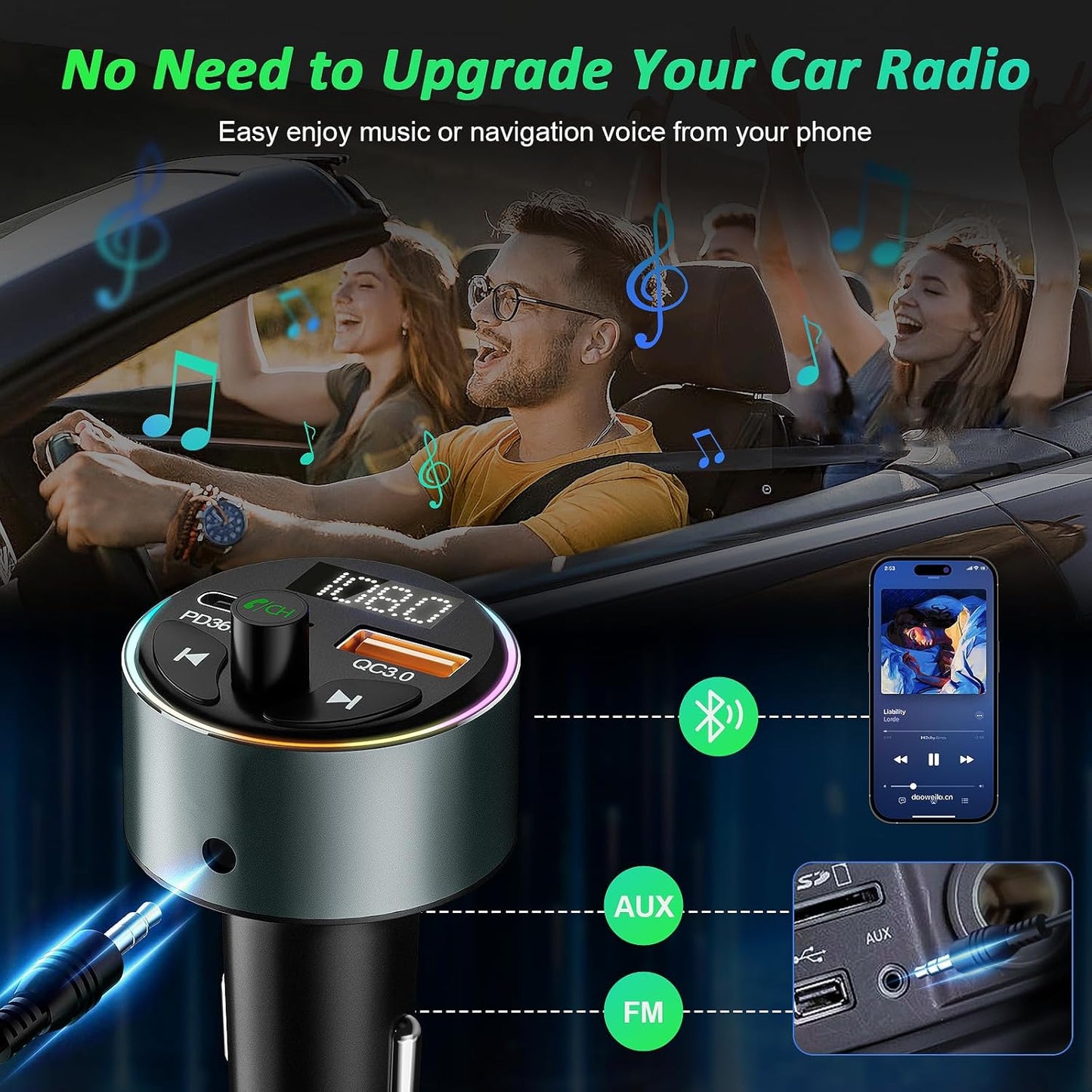 FM Transmitter Bluetooth 5.3 - SOARUN Fast Car Charger Adapter 54W [PD 36W & QC3.0 18W], Support Wireless Radio, Aux 3.5mm, Hands-Free Calling with 9 Colors LED Backlit