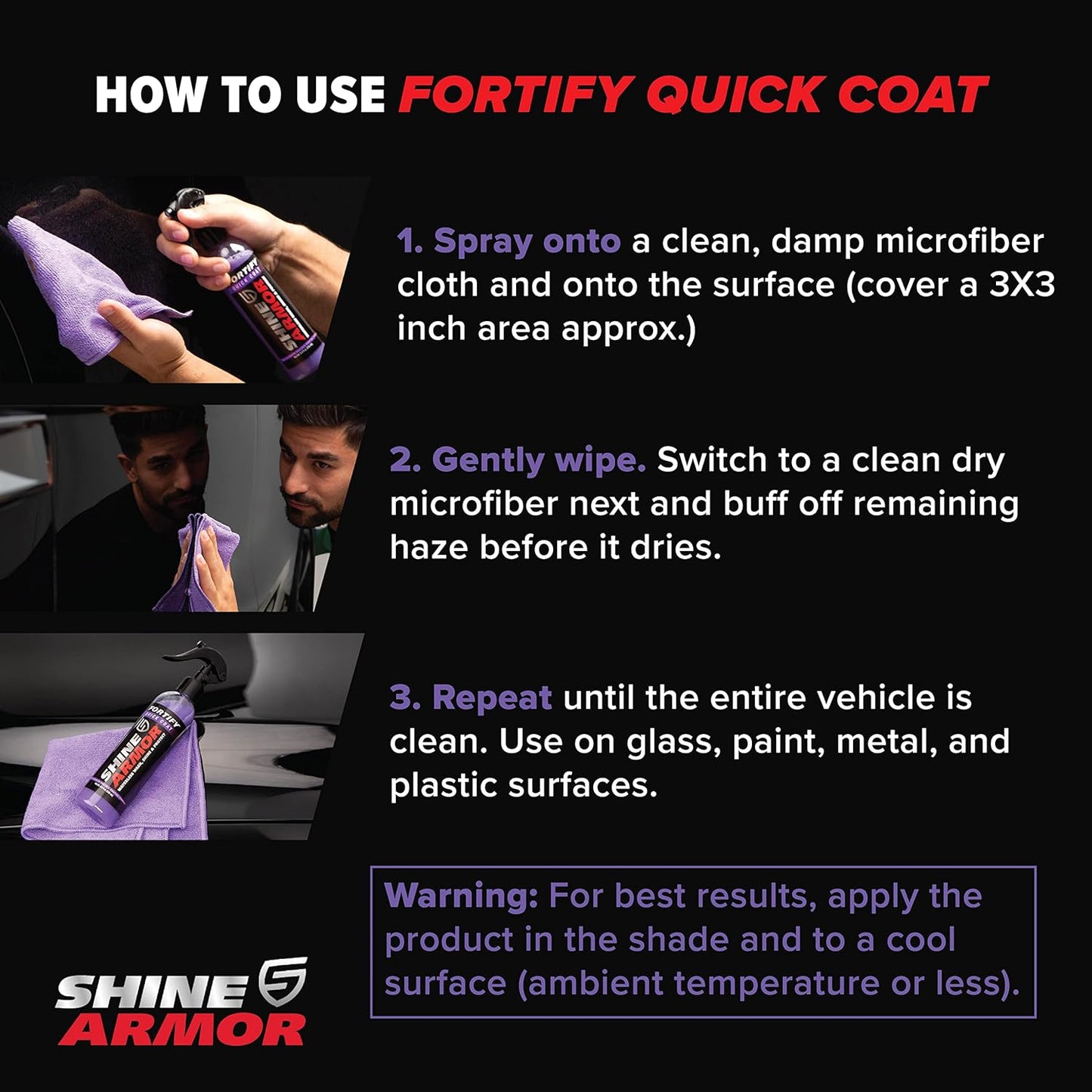SHINE ARMOR Fortify Quick Coat – 3-in-1 Ceramic Coating Spray (8oz) | Waterless Wash, Shine & Protection | Streak-Free, Hydrophobic Car Wax for Paint & Trim