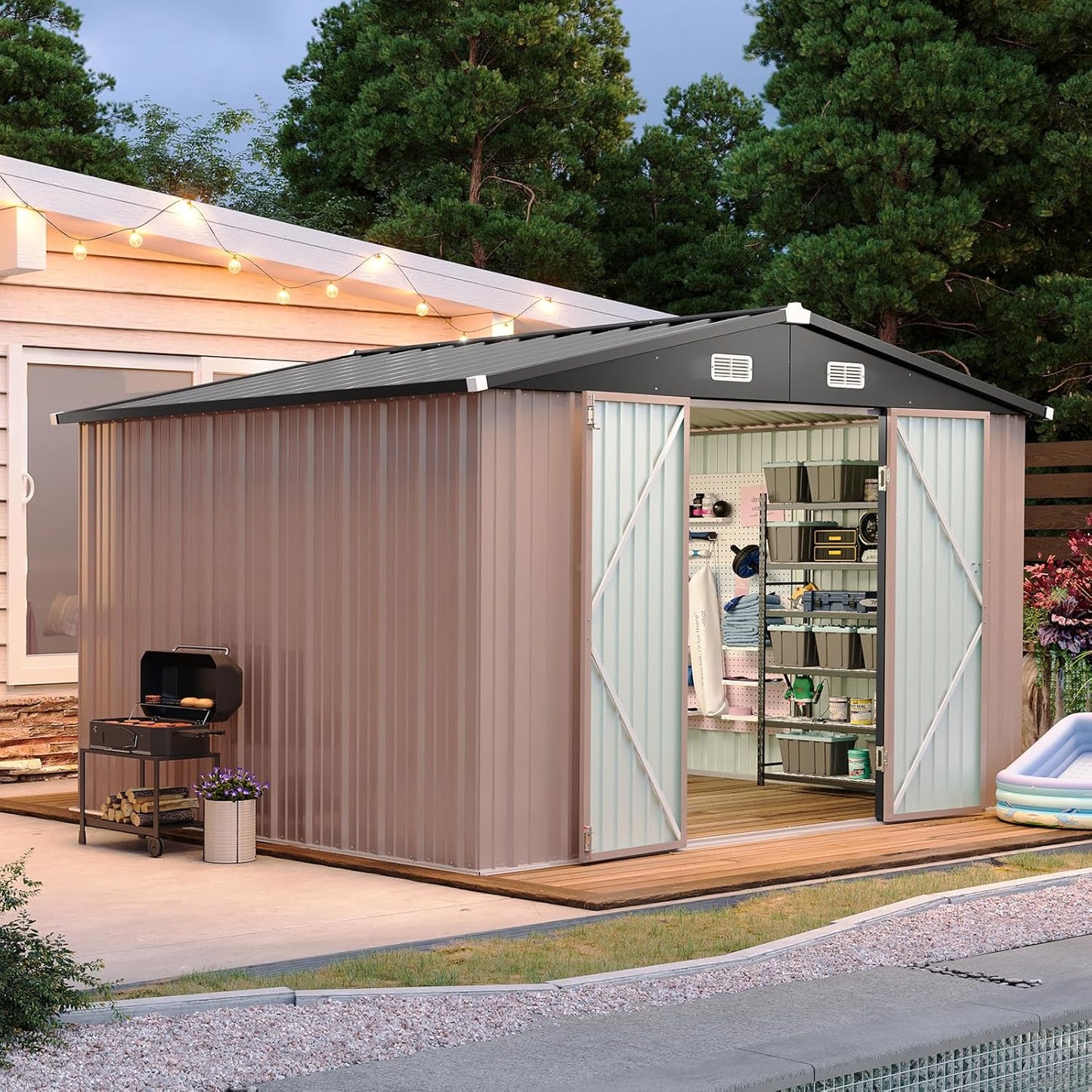 Aoxun 10x8.5 FT Outdoor Storage Shed Garden Metal Shed with Lockable Door Outdoor Large Shed for Tool, Garbage Can, Bike, Mower, Brown